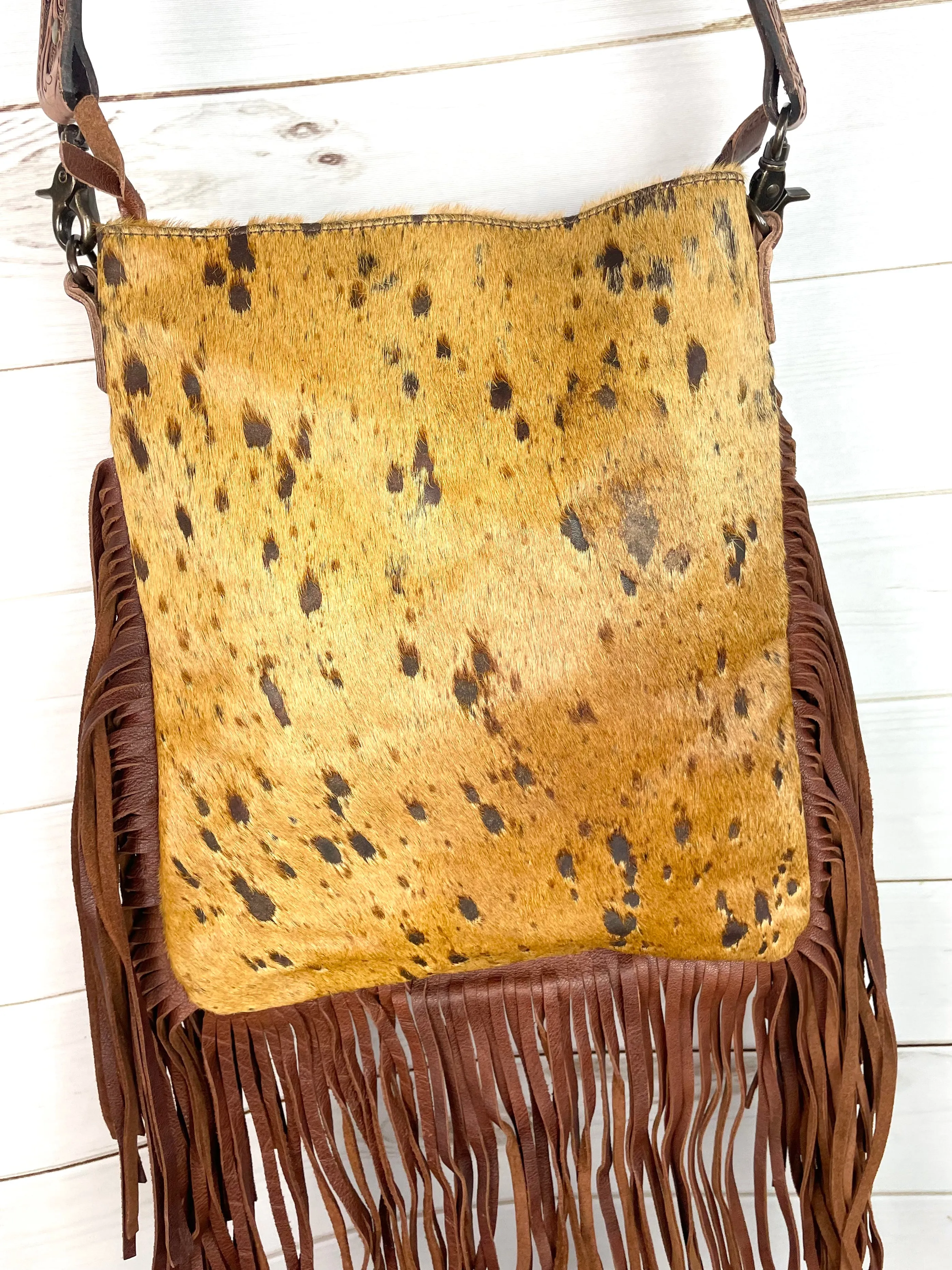Tan & Brown Spotted Crossbody Hide Bag with Fringe