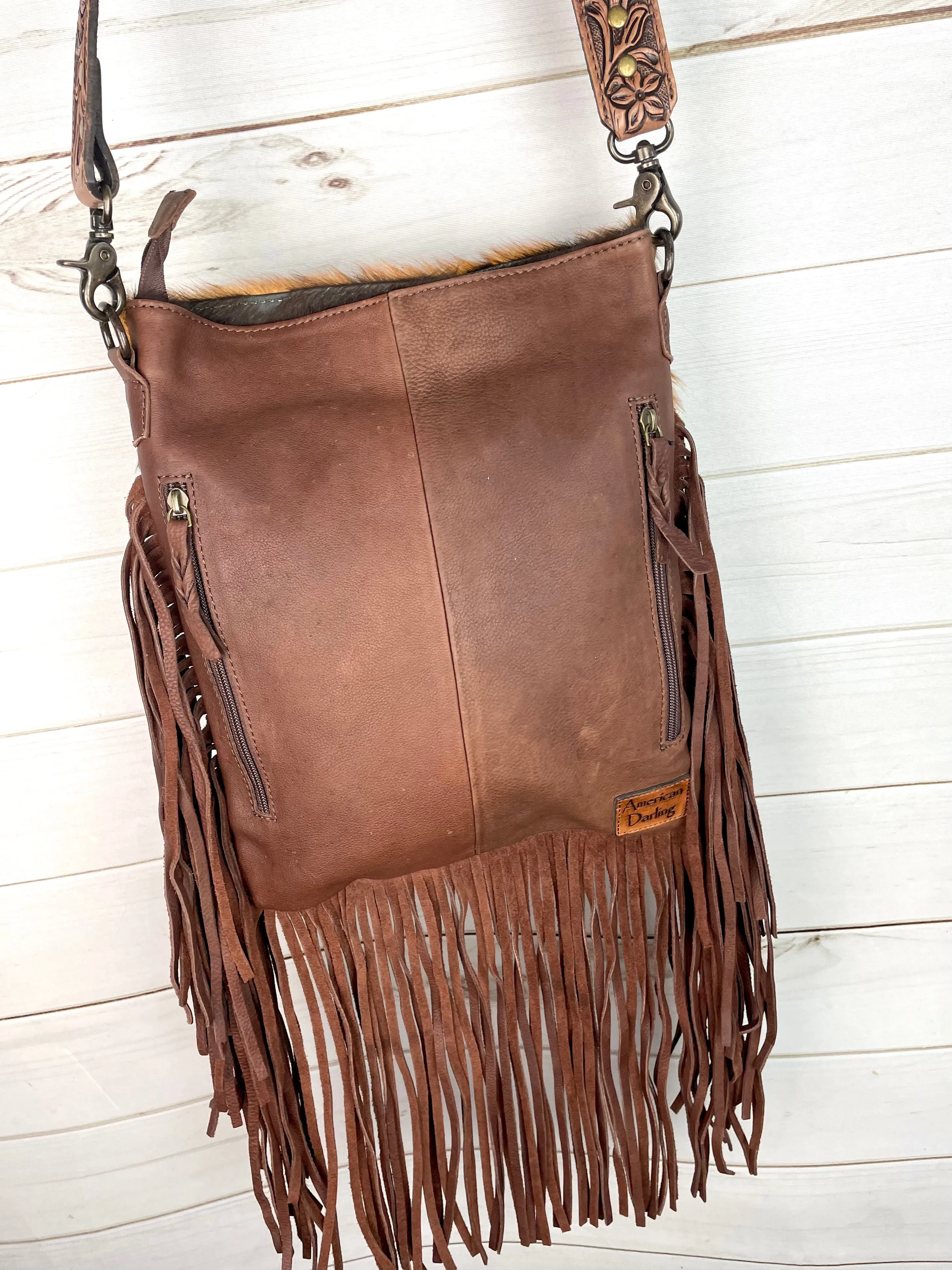 Tan & Brown Spotted Crossbody Hide Bag with Fringe