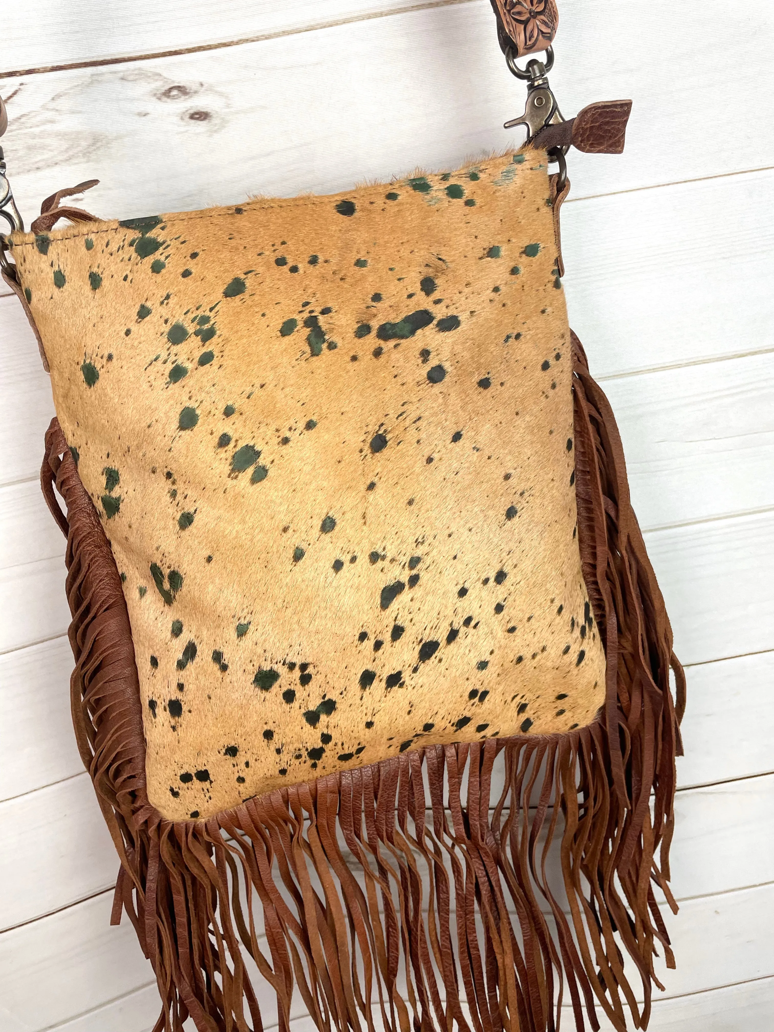 Tan & Brown Spotted Crossbody Hide Bag with Fringe