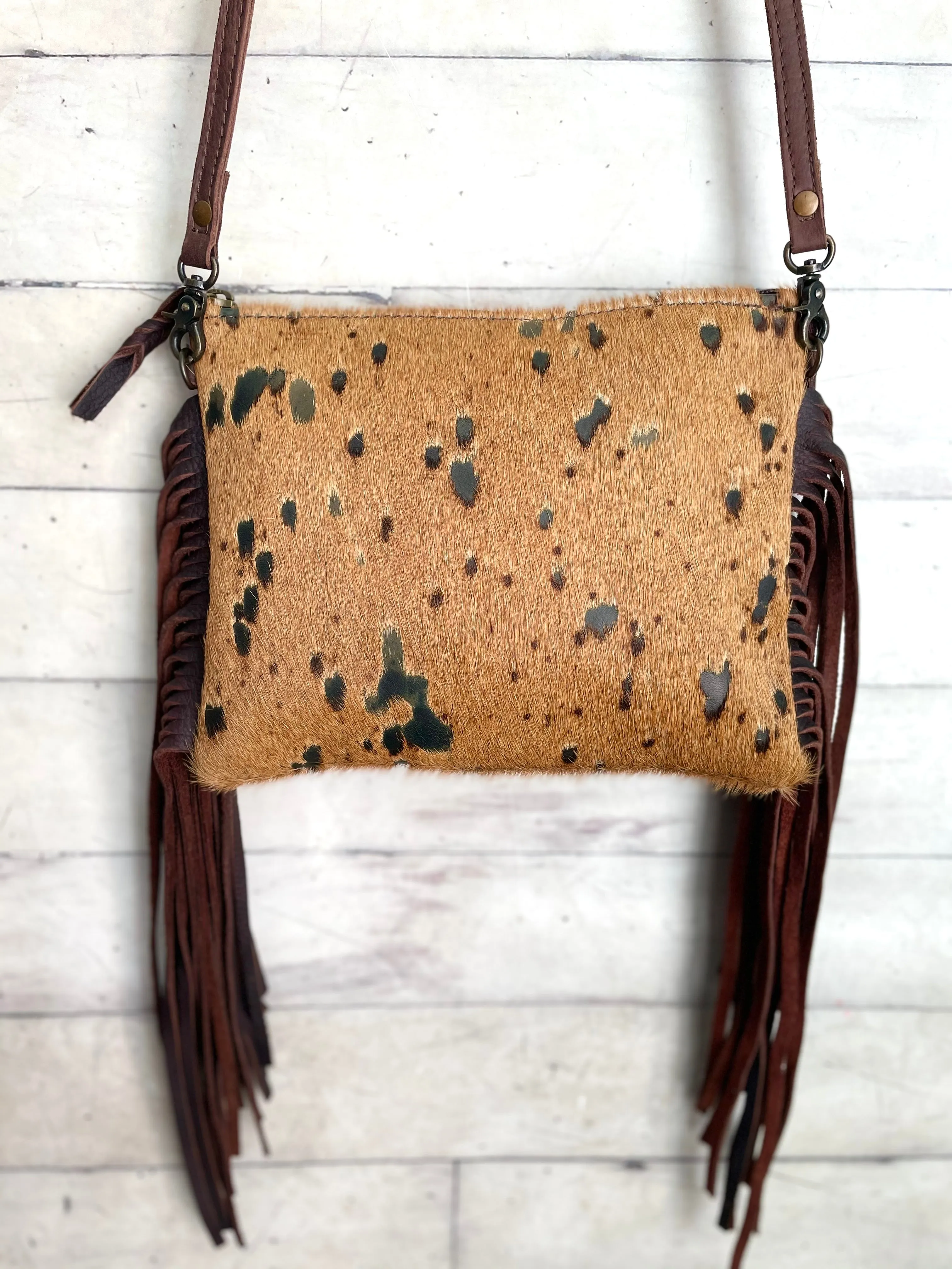 Tan Hide Brown Leather Fringe Handbag