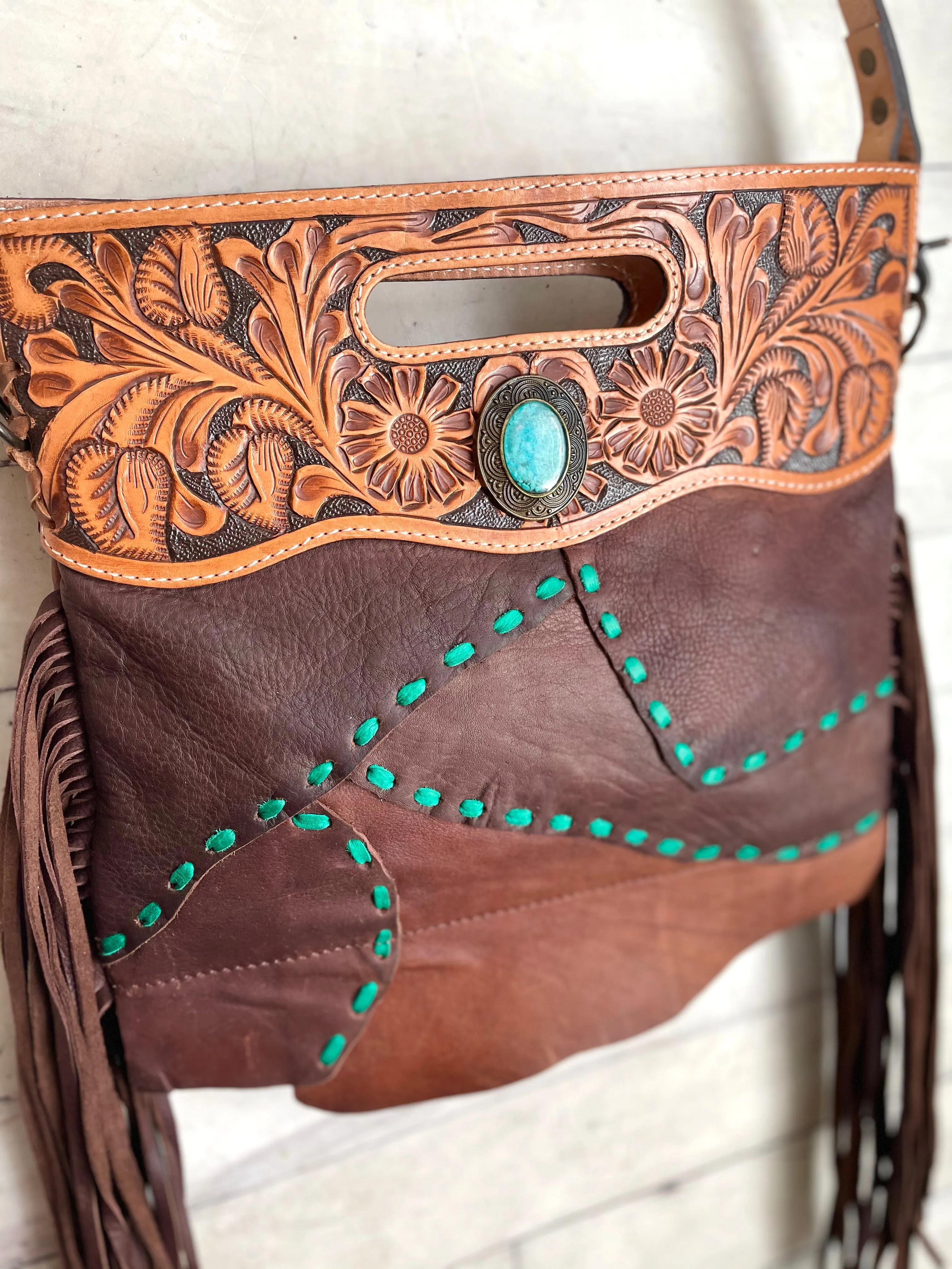 Teal Leather Buckstitch Tooled Handle Fringe / Crossbody Handbag