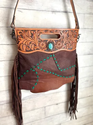 Teal Leather Buckstitch Tooled Handle Fringe / Crossbody Handbag