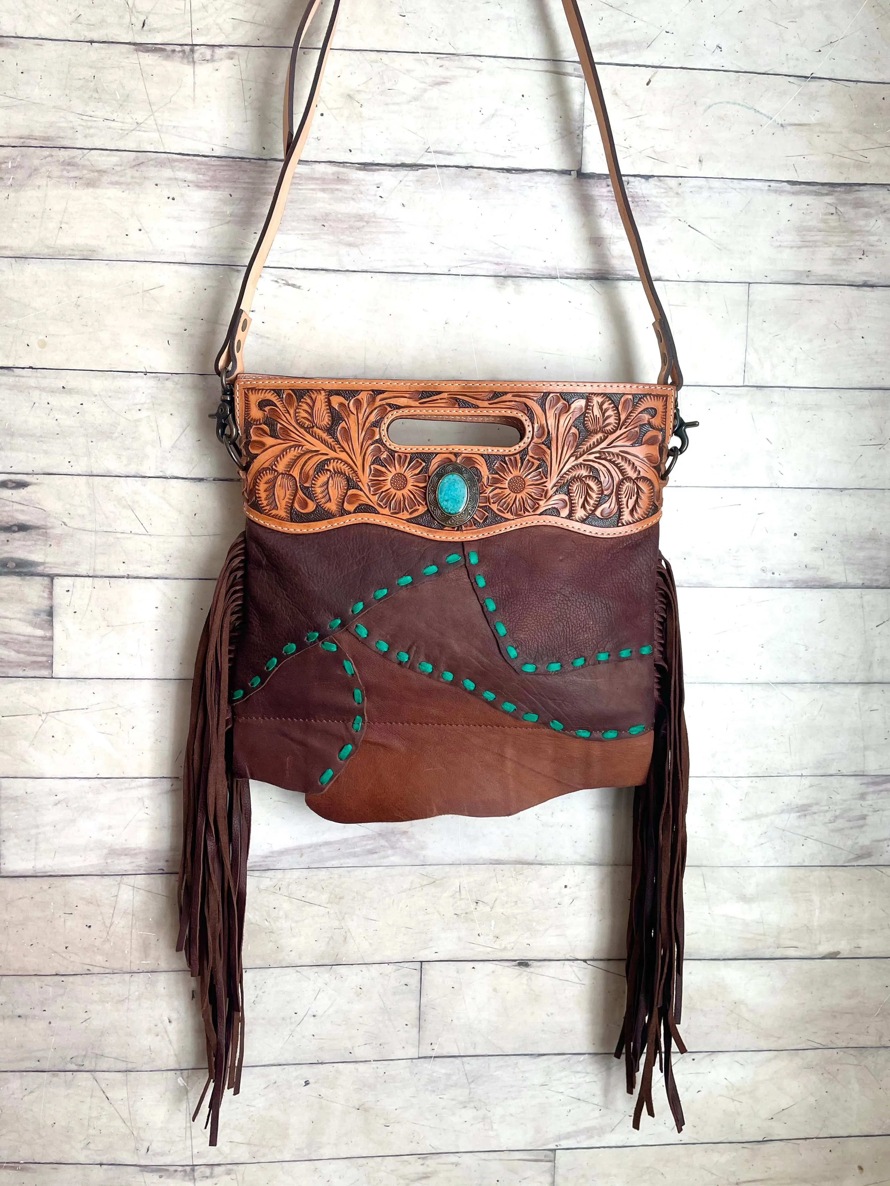 Teal Leather Buckstitch Tooled Handle Fringe / Crossbody Handbag