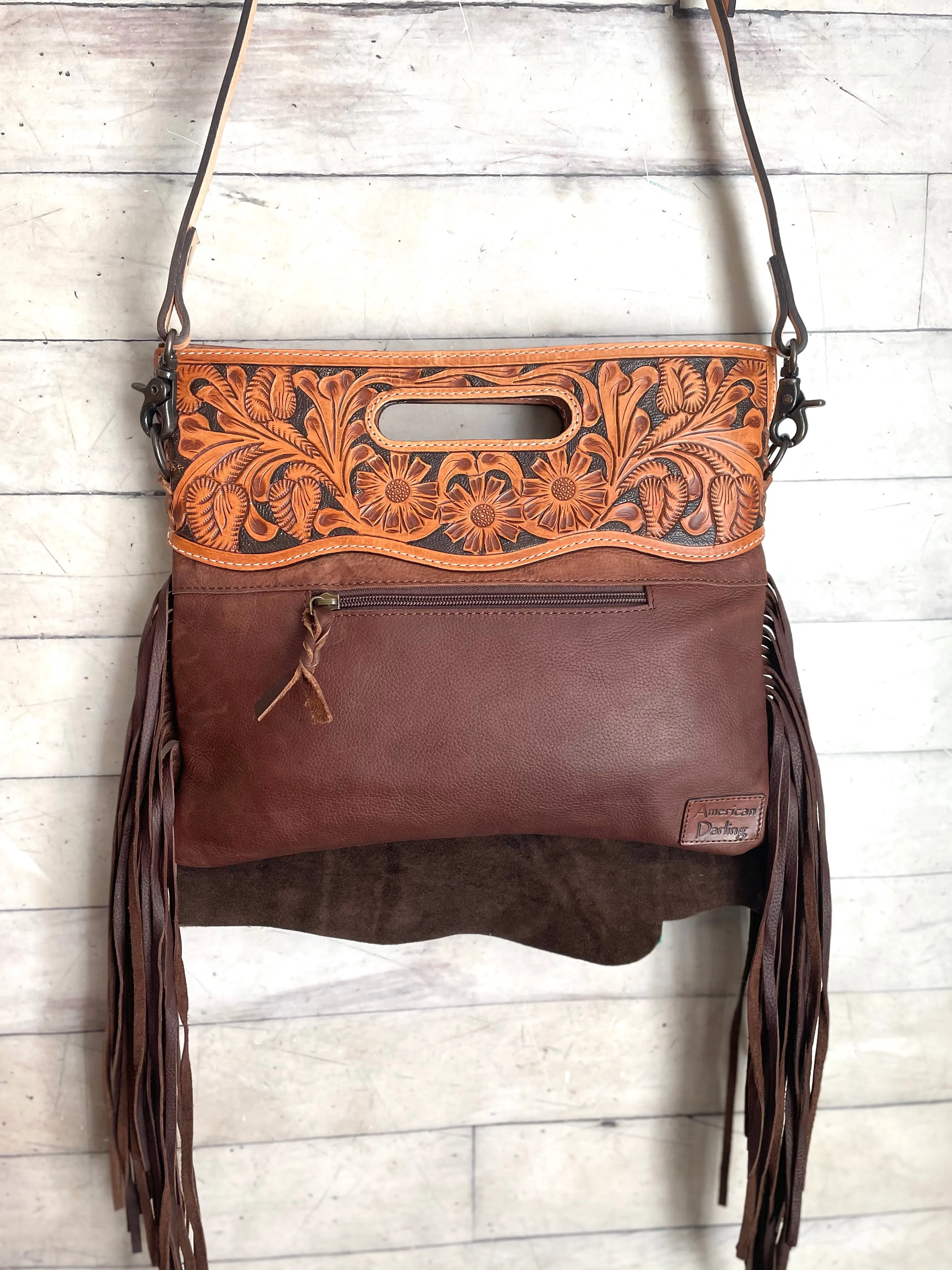 Teal Leather Buckstitch Tooled Handle Fringe / Crossbody Handbag