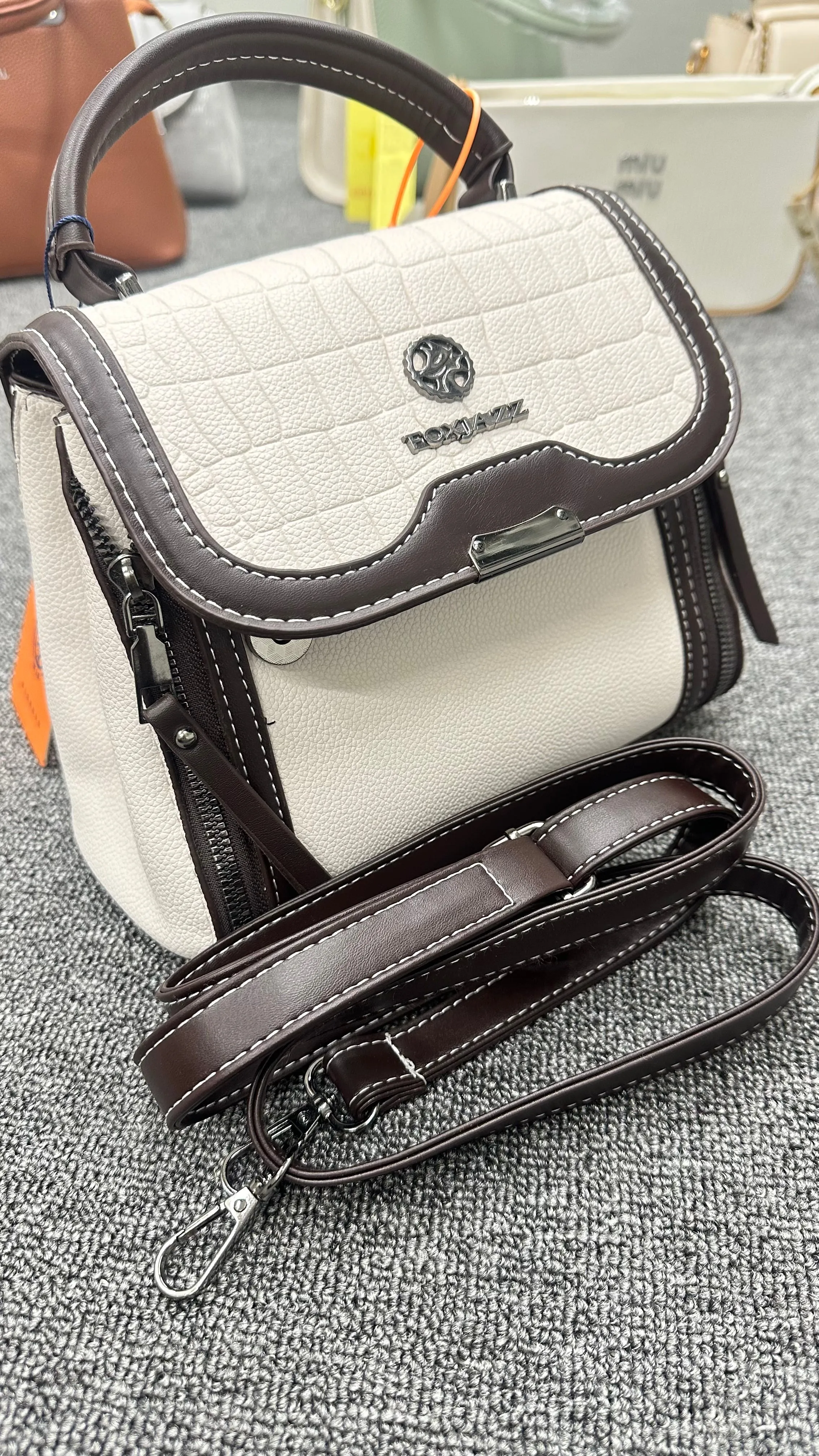 Textured Leather Look Women’s Handbag – Elegant White & Brown Satchel