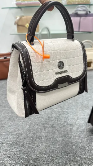Textured Leather Look Women’s Handbag – Elegant White & Brown Satchel