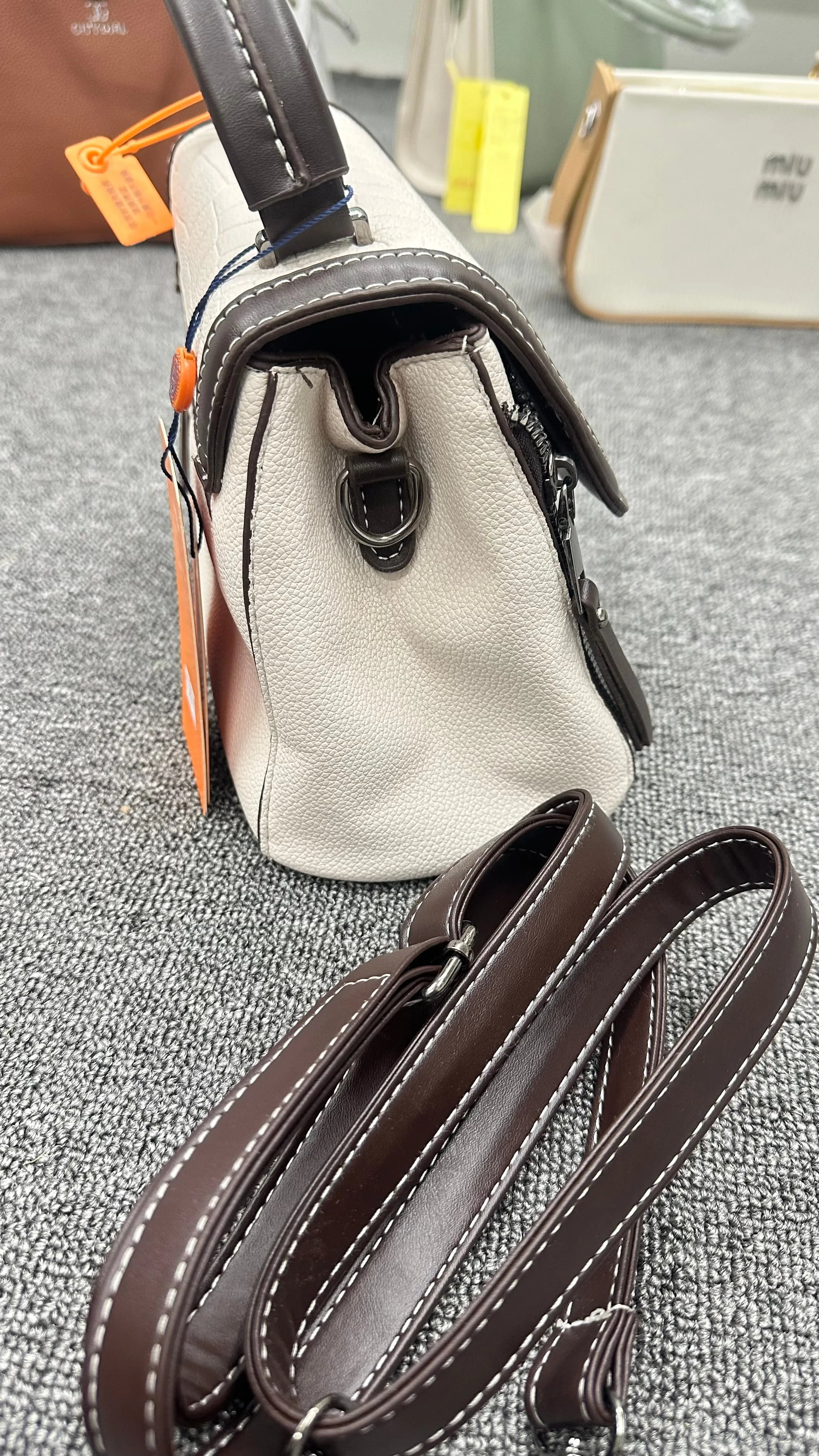 Textured Leather Look Women’s Handbag – Elegant White & Brown Satchel