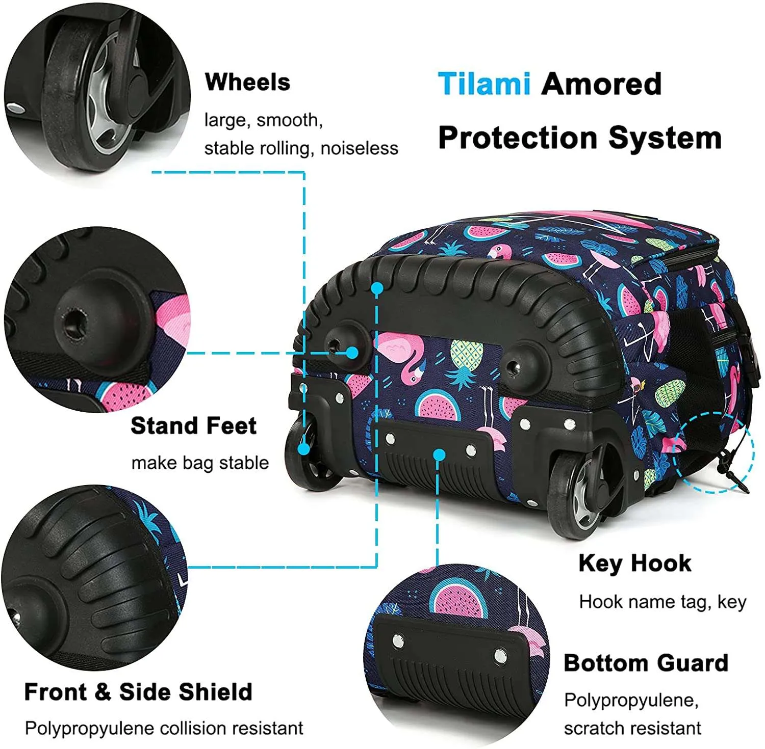 Tilami Black Flamingo 18 inch Kids Rolling Backpack Laptop Backpack
