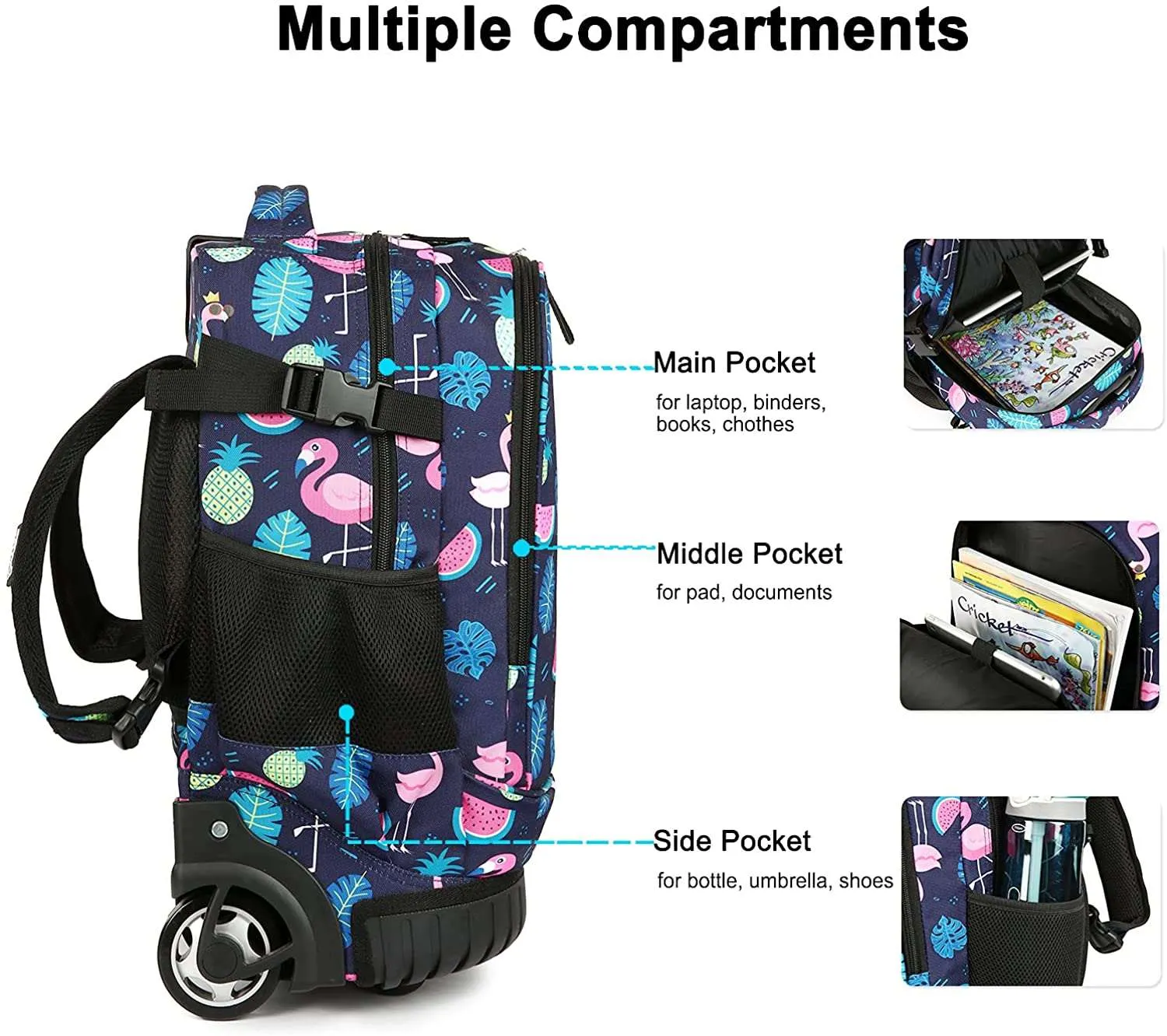 Tilami Black Flamingo 18 inch Kids Rolling Backpack Laptop Backpack