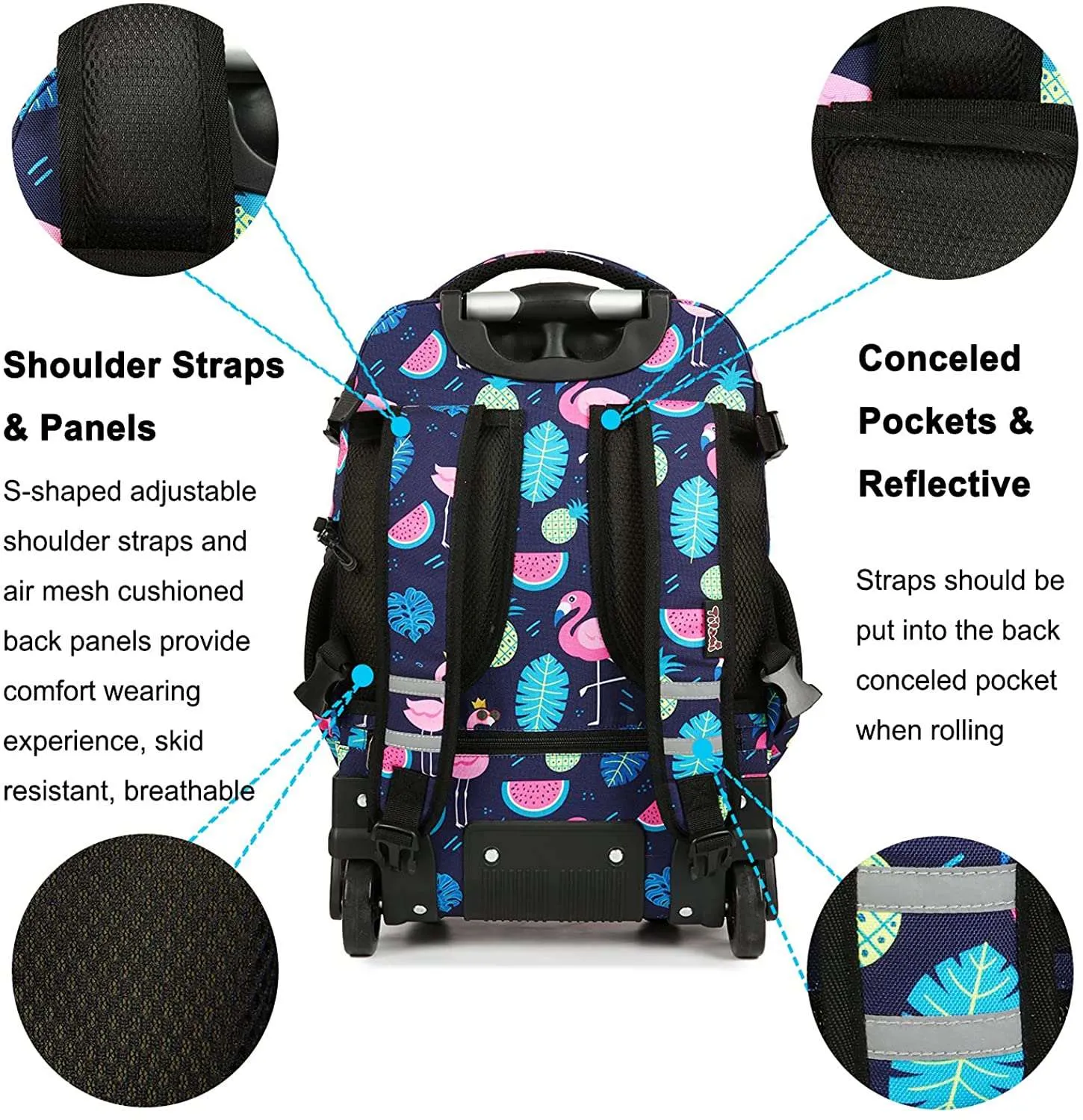 Tilami Black Flamingo 18 inch Kids Rolling Backpack Laptop Backpack