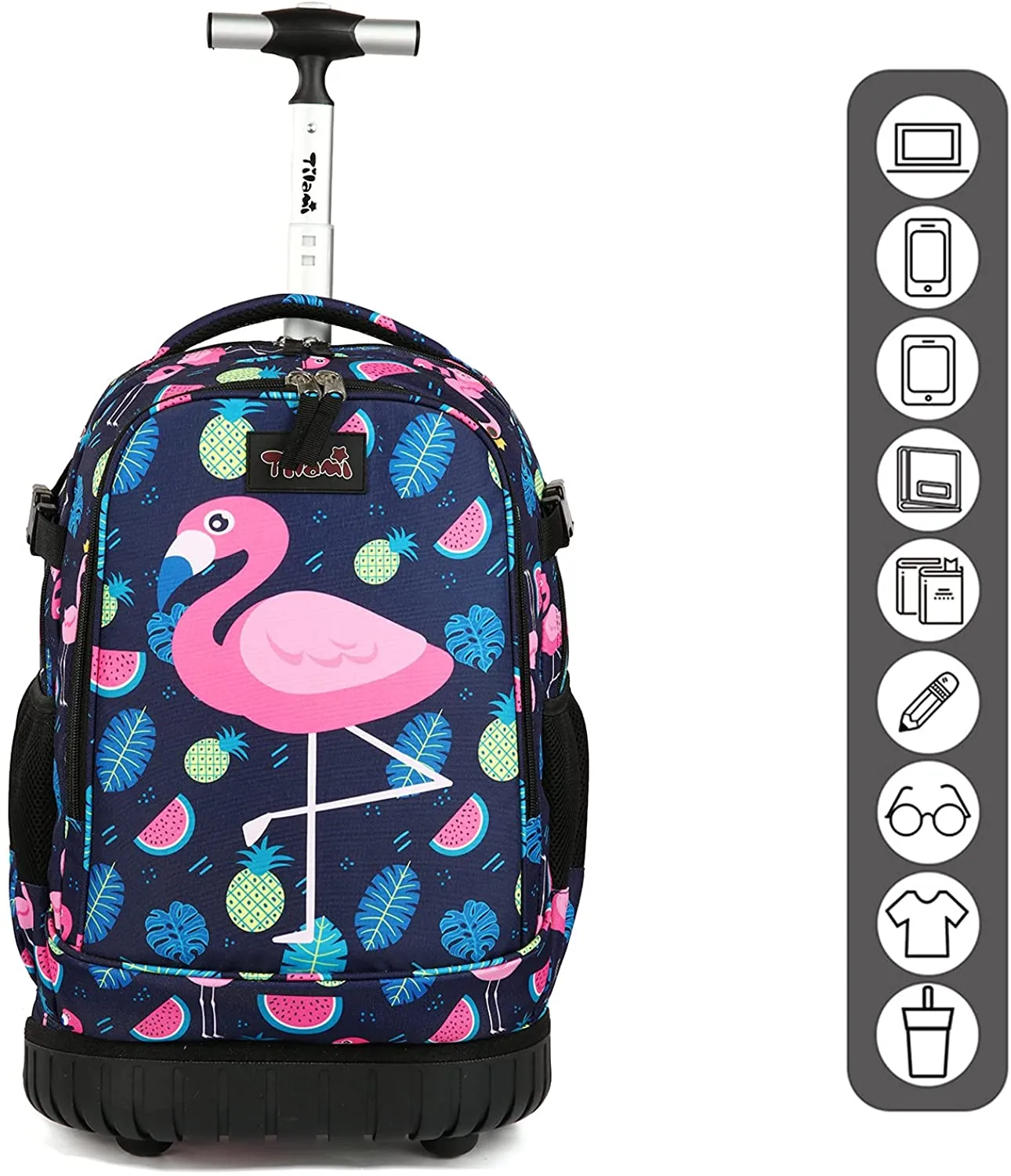 Tilami Black Flamingo 18 inch Kids Rolling Backpack Laptop Backpack