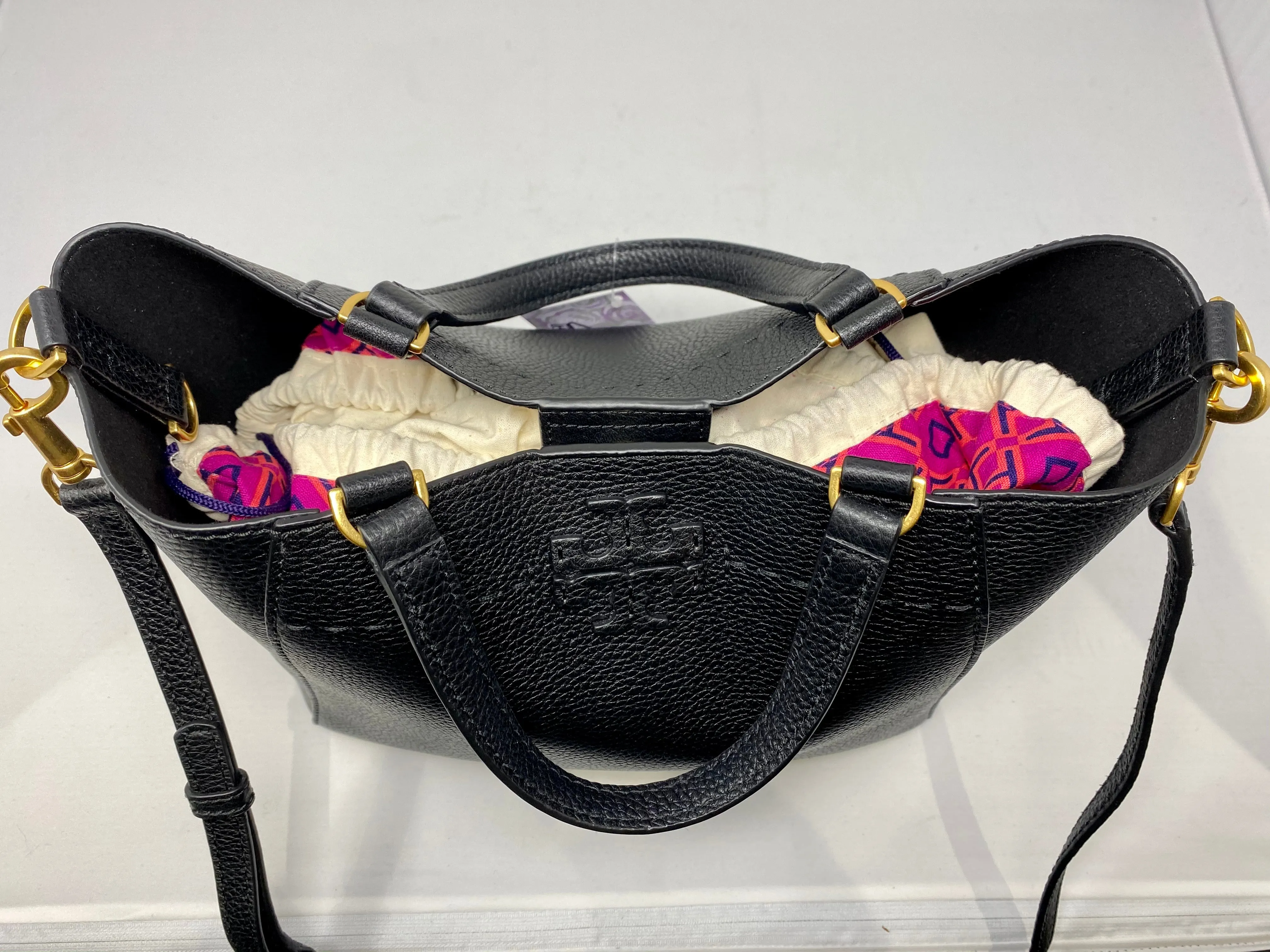 Tory Burch Black Pebbled Leather Top Handle Cross Body Bag