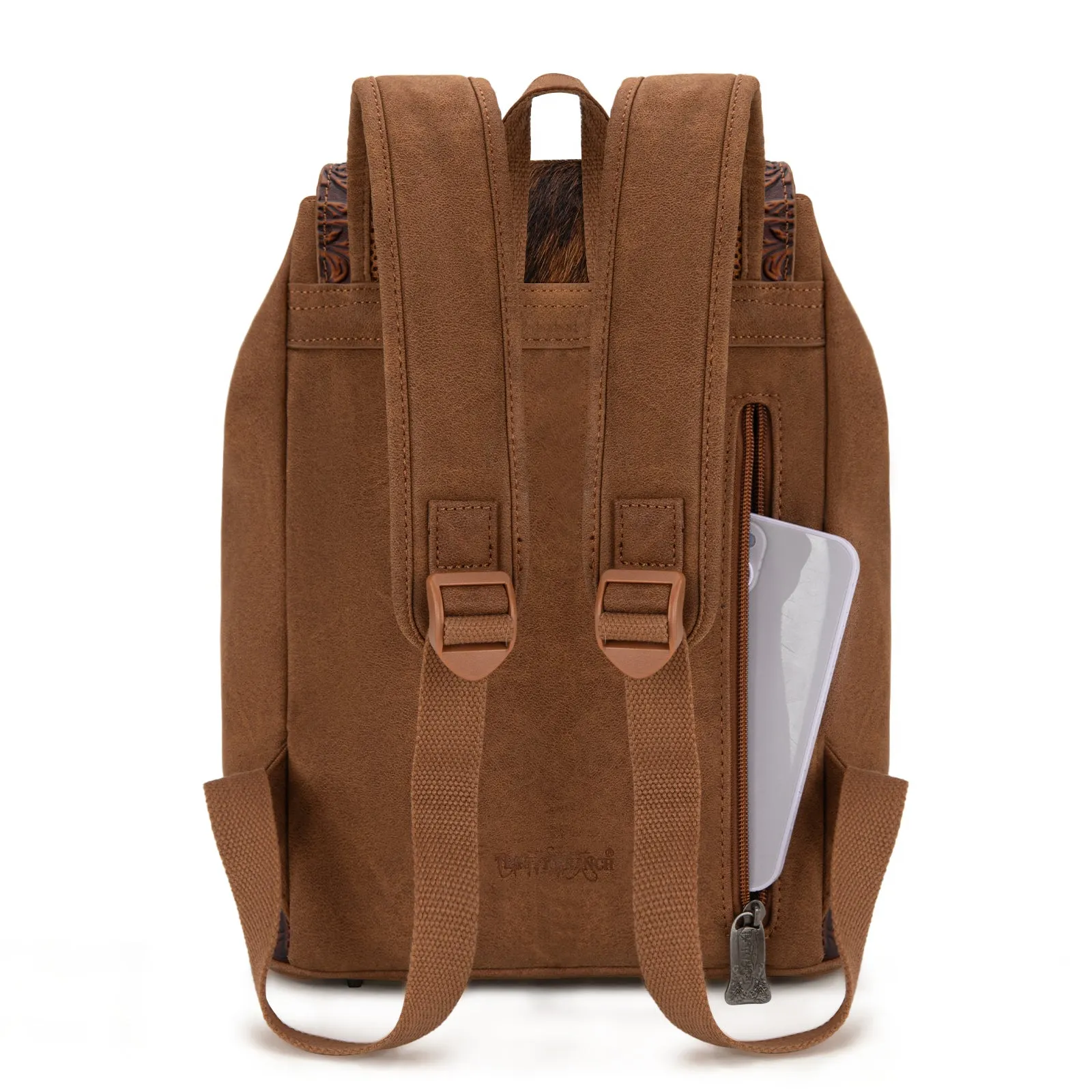 TR185-9110   Trinity Ranch Genuine Hair-On Cowhide Tooled Backpack - Brown