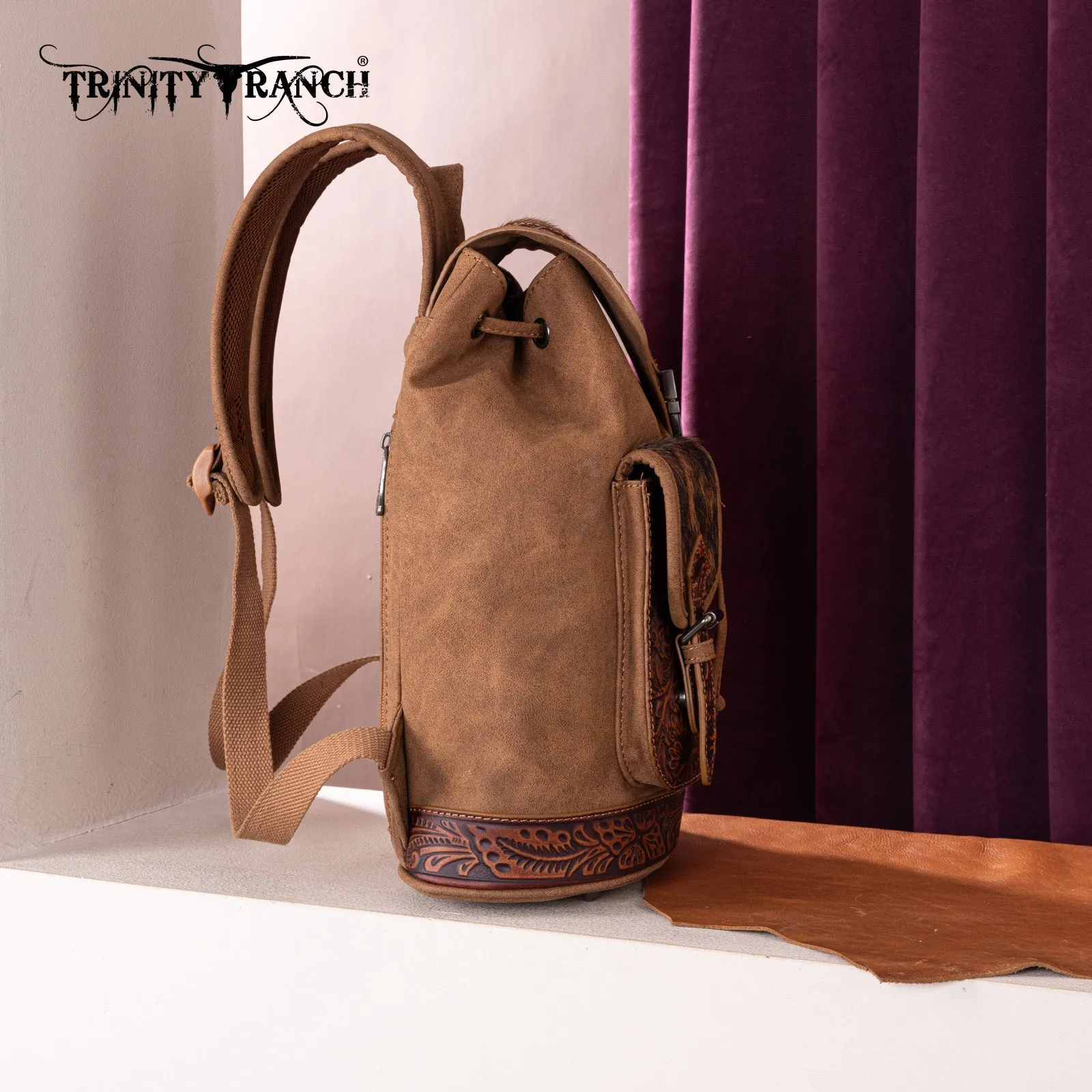 TR185-9110   Trinity Ranch Genuine Hair-On Cowhide Tooled Backpack - Brown
