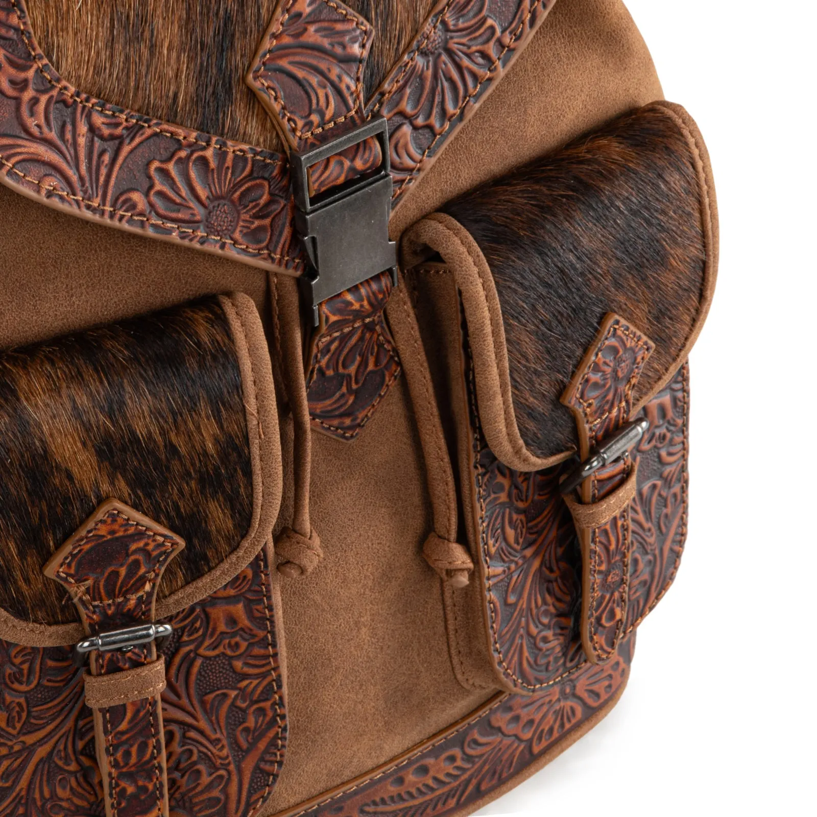 TR185-9110   Trinity Ranch Genuine Hair-On Cowhide Tooled Backpack - Brown