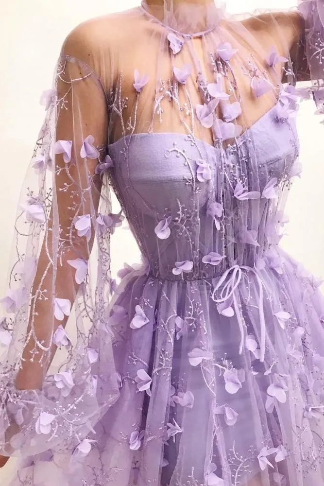 Tulle High Neck Front Slit Prom Party Gowns| Chic Appliques Flowers Long Sleevess Prom Party Gowns
