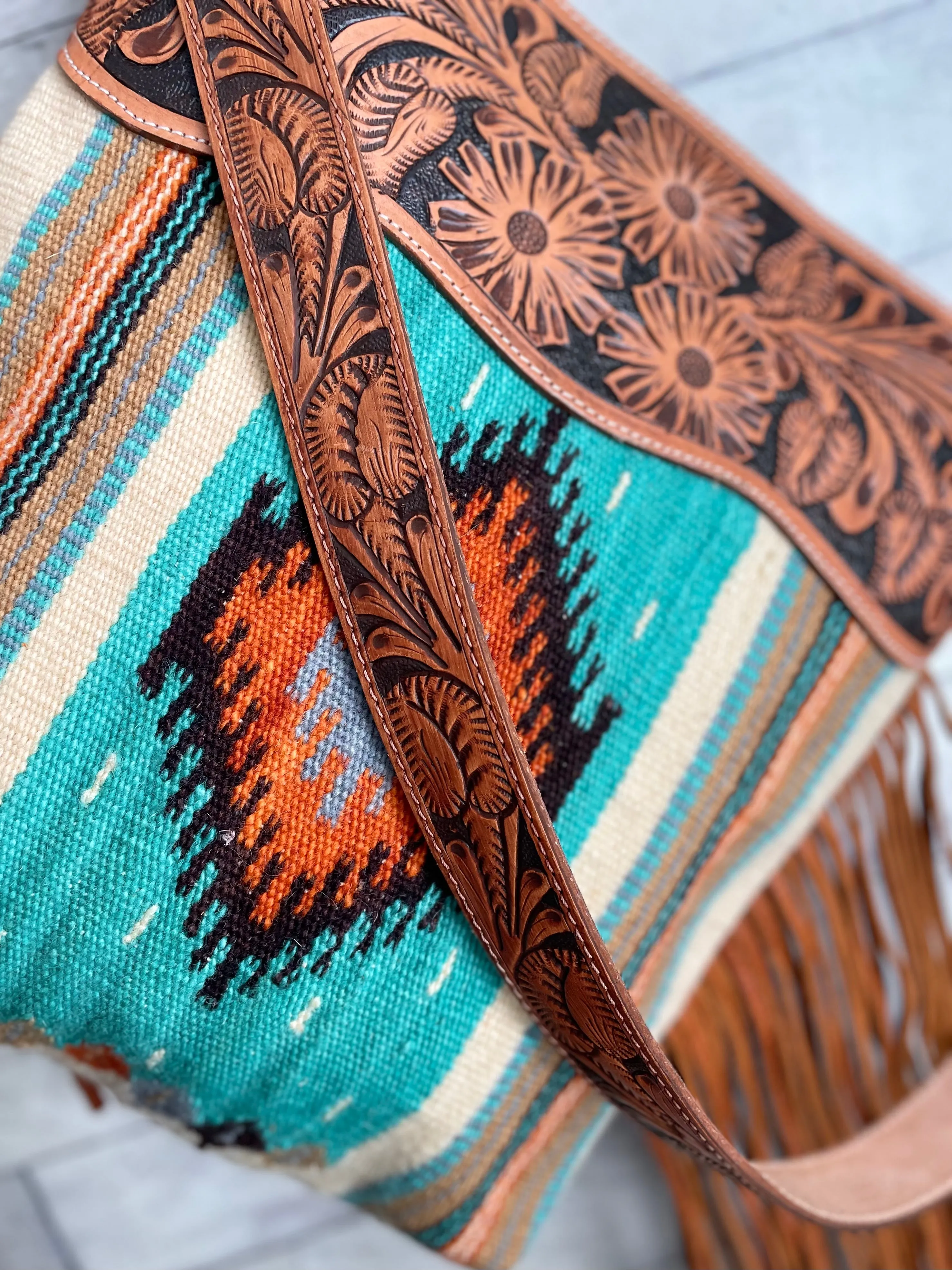 Turquoise & Orange Aztec Wool Serape Handbag