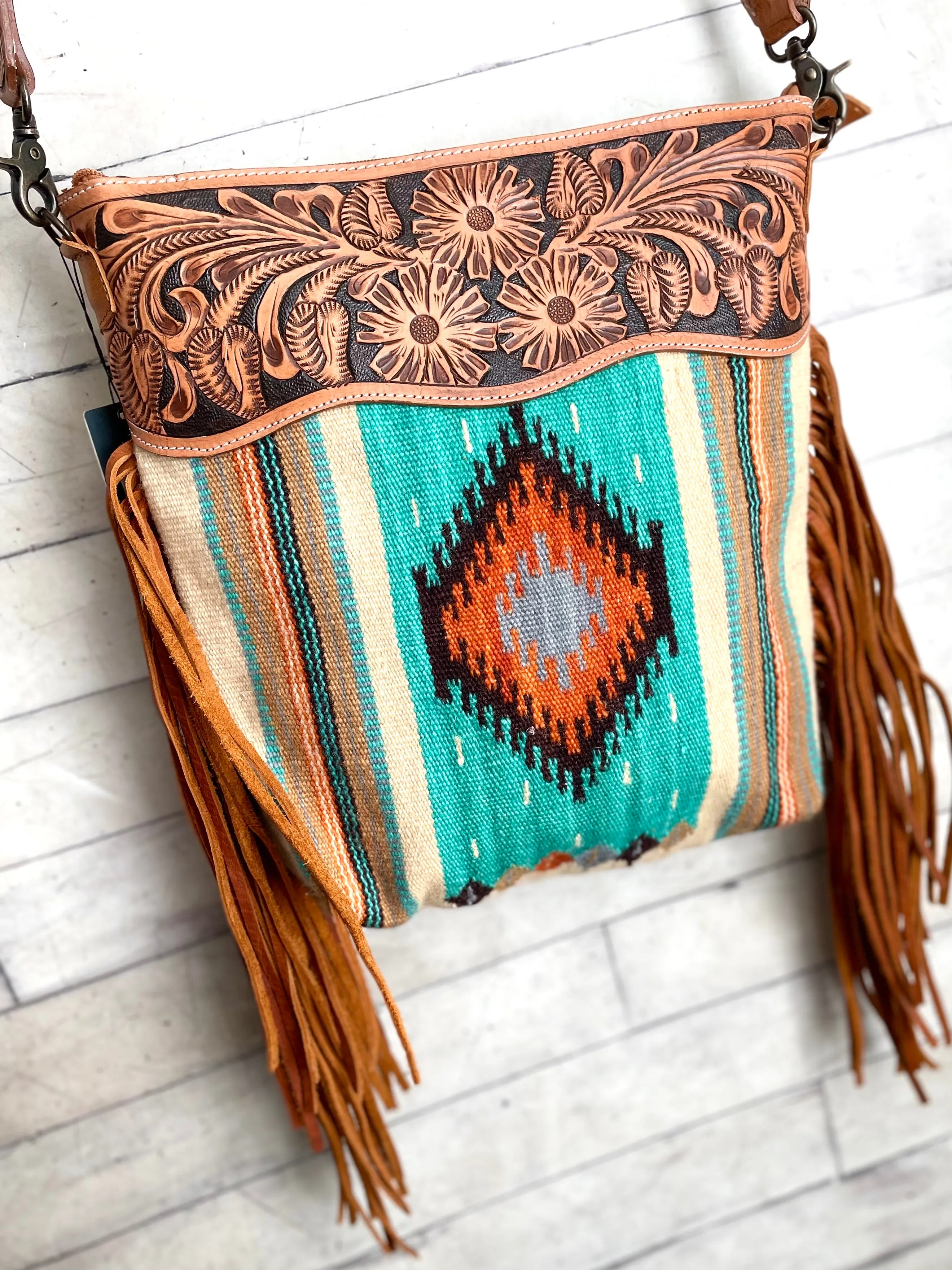 Turquoise & Orange Aztec Wool Serape Handbag