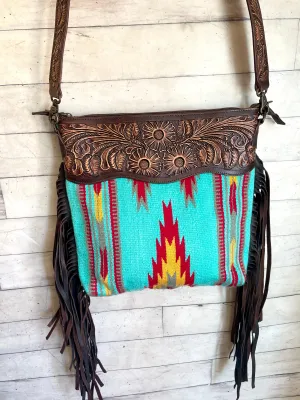 Turquoise Red Yellow Wool Leather Tooled Fringe Handbag