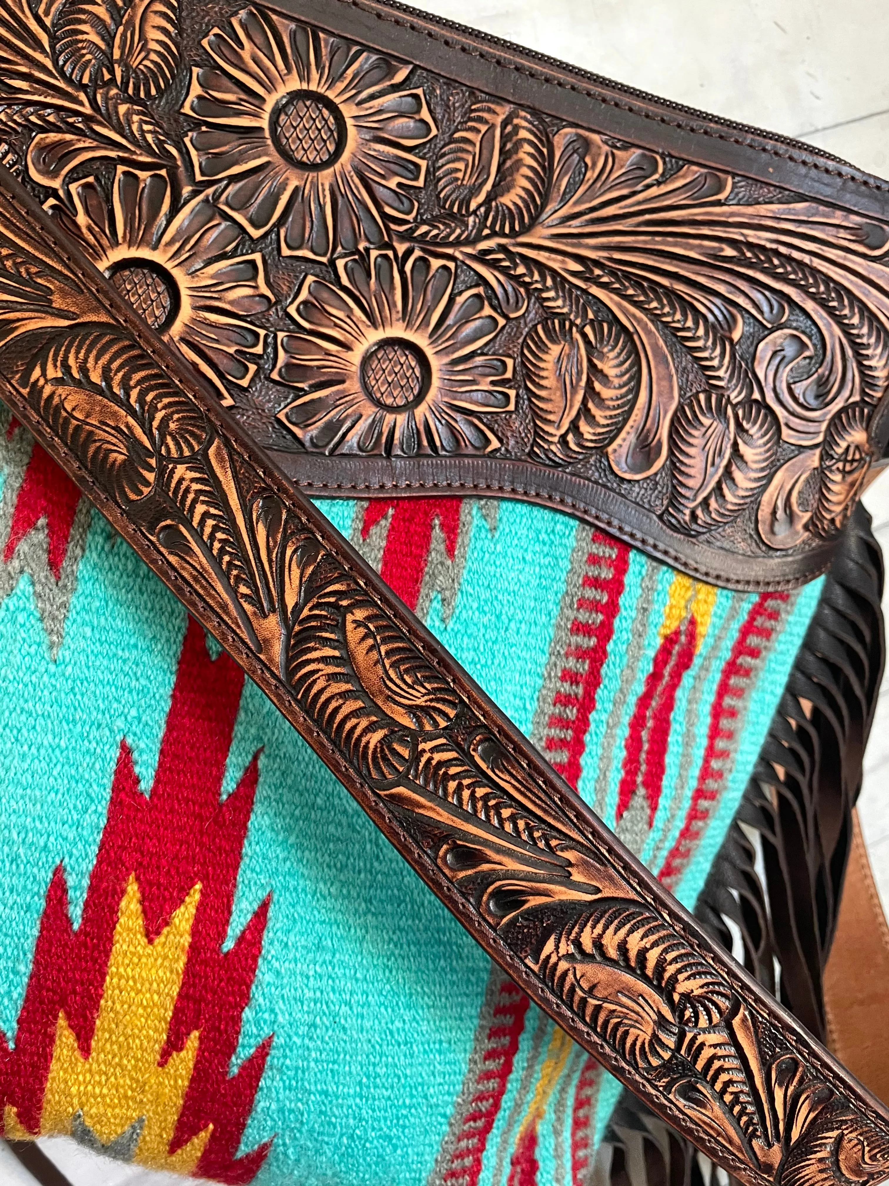 Turquoise Red Yellow Wool Leather Tooled Fringe Handbag