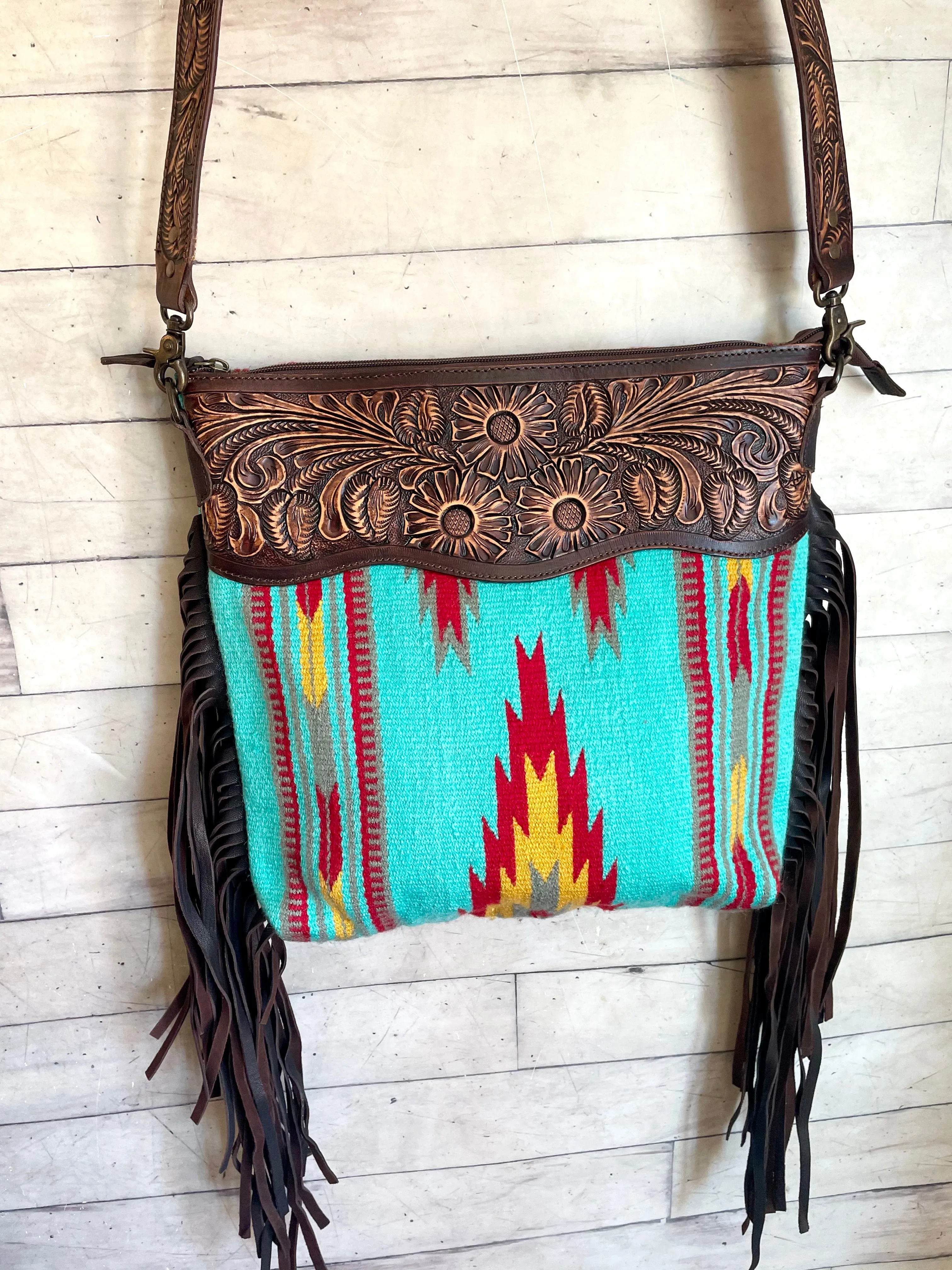 Turquoise Red Yellow Wool Leather Tooled Fringe Handbag