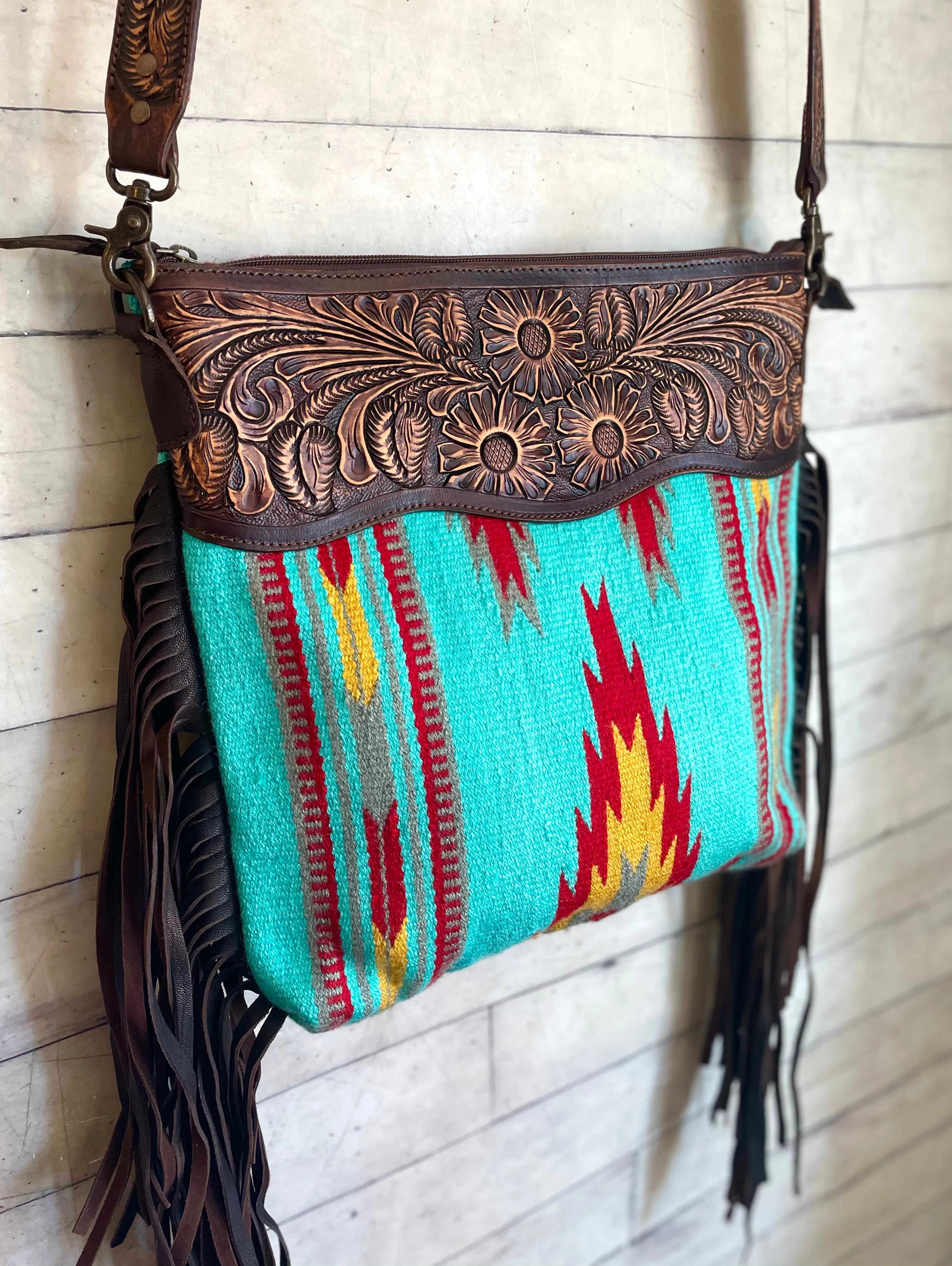 Turquoise Red Yellow Wool Leather Tooled Fringe Handbag
