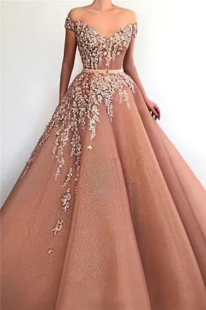 Unique Off-the-Shoulder Sweetheart Long Prom Party Gowns| Chic Ball Gown Applqiues Sleeveless Affordable Prom Party Gowns