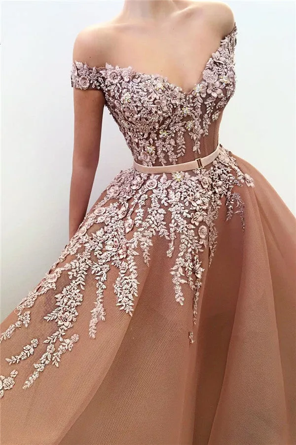 Unique Off-the-Shoulder Sweetheart Long Prom Party Gowns| Chic Ball Gown Applqiues Sleeveless Affordable Prom Party Gowns