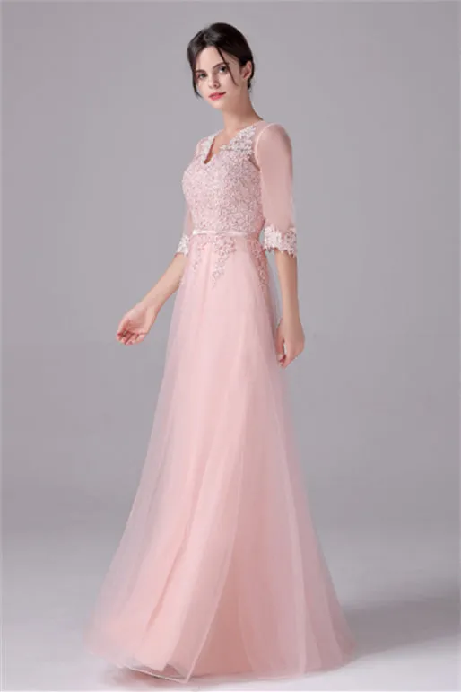 V-neck A-Line Floor Length Long sleeves Lace mother's dress