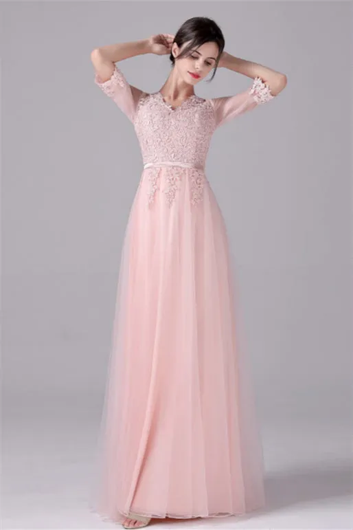 V-neck A-Line Floor Length Long sleeves Lace mother's dress