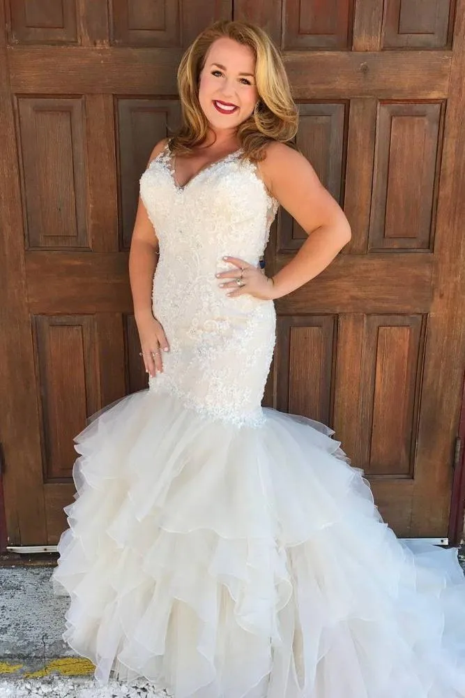 V neck Mermaid Sleeveless White Beach Wedding Dresses