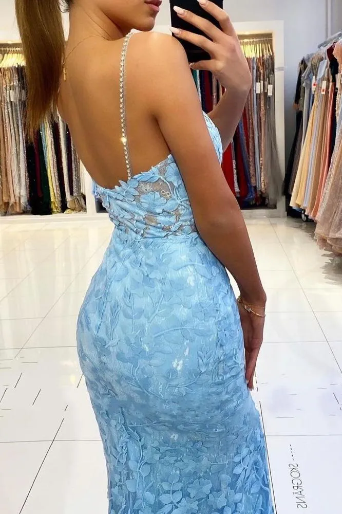 V-neck Sky Blue High Split Special Lace Design Evening Dress