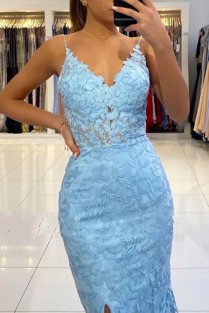 V-neck Sky Blue High Split Special Lace Design Evening Dress