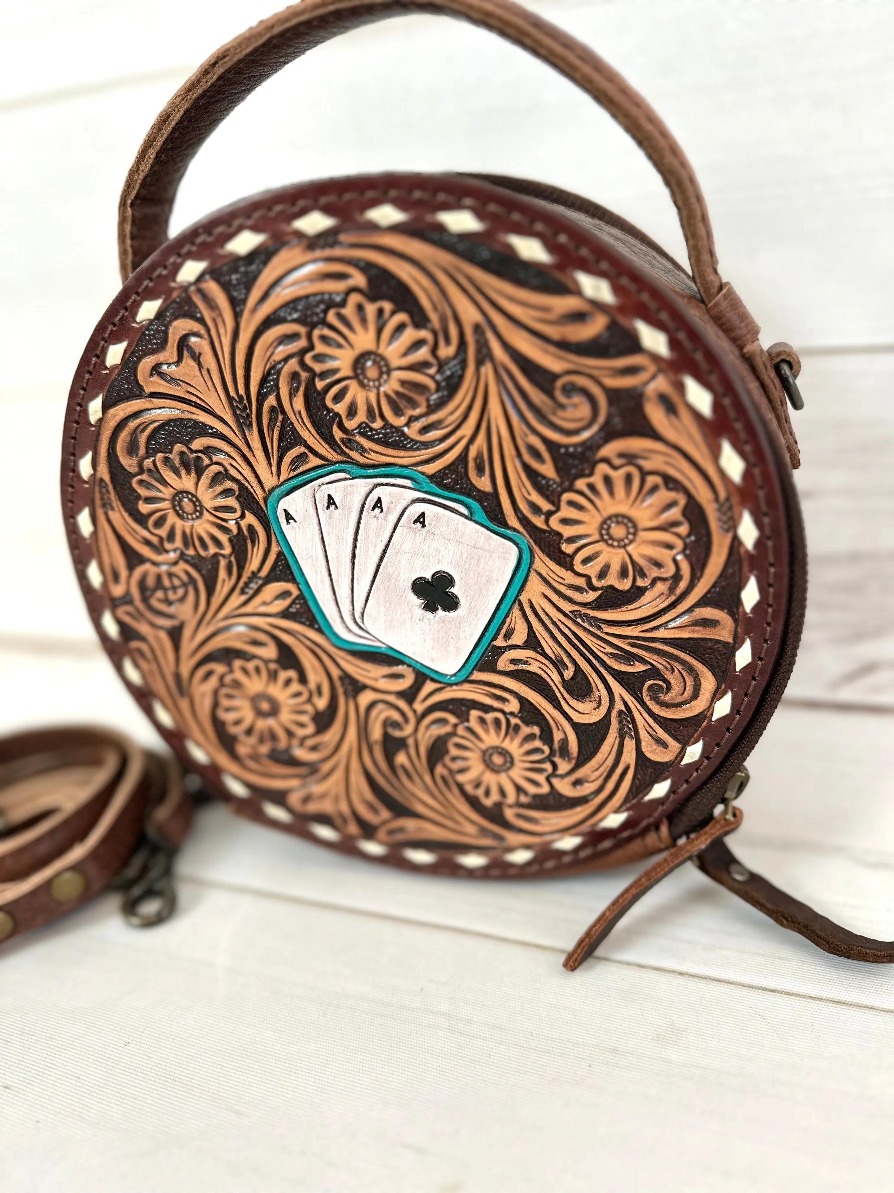 Vegas Aces Leather Tooled Canteen Bag