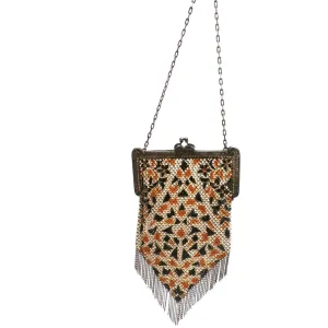 Vintage 1920s Purse Handbag Art Deco Whiting Davis Black Orange Metal Mesh
