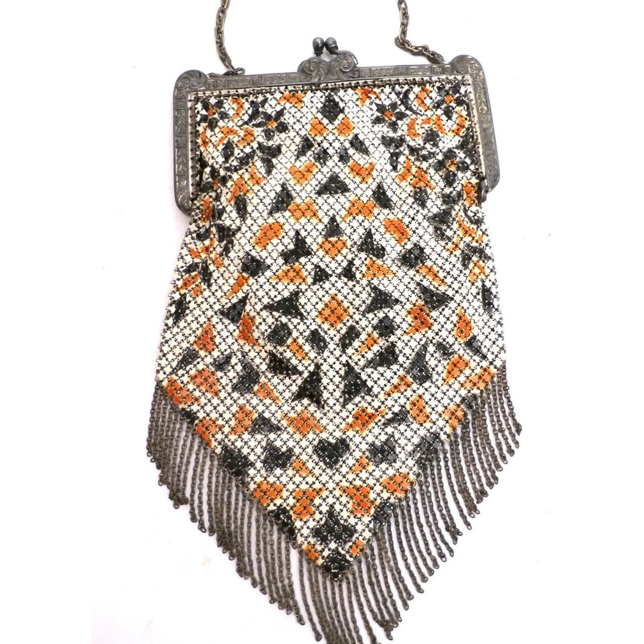Vintage 1920s Purse Handbag Art Deco Whiting Davis Black Orange Metal Mesh