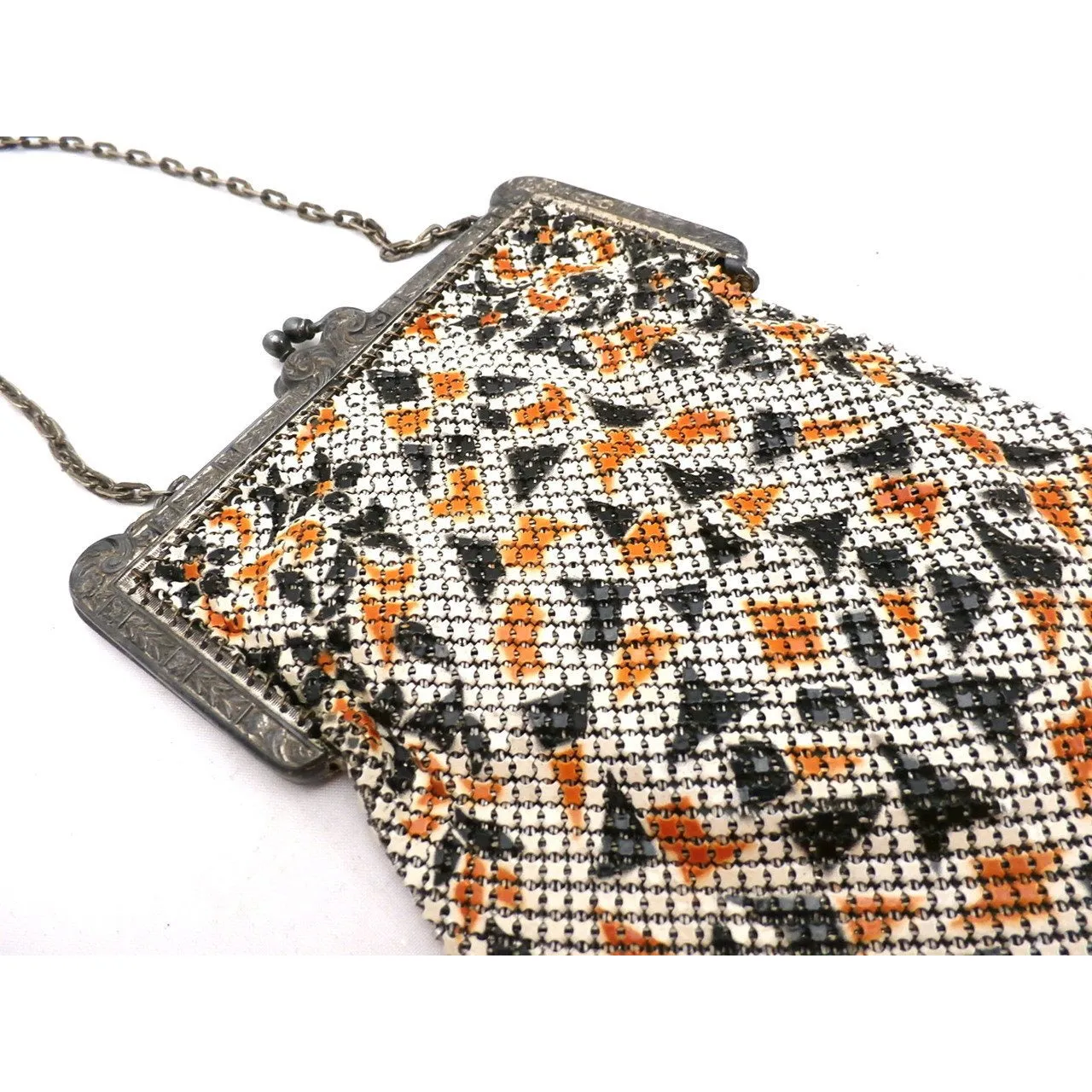 Vintage 1920s Purse Handbag Art Deco Whiting Davis Black Orange Metal Mesh