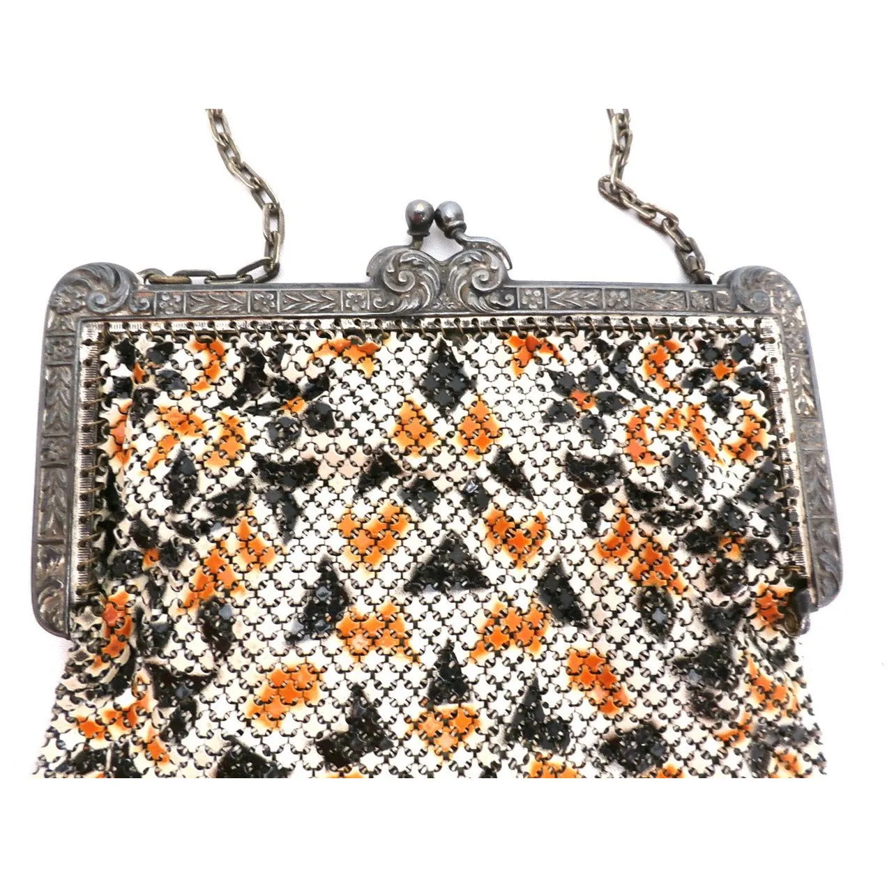 Vintage 1920s Purse Handbag Art Deco Whiting Davis Black Orange Metal Mesh