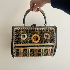 Vintage 50s/60s velvet and rick rack decorated woven wicker purse  (HT2504)