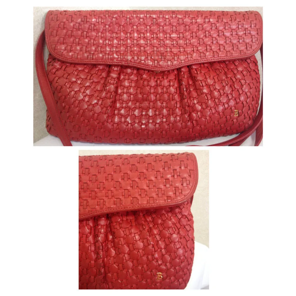 Vintage Bally red intrecciato leather handbag purse, shoulder bag with gold tone B logo. Masterpiece
