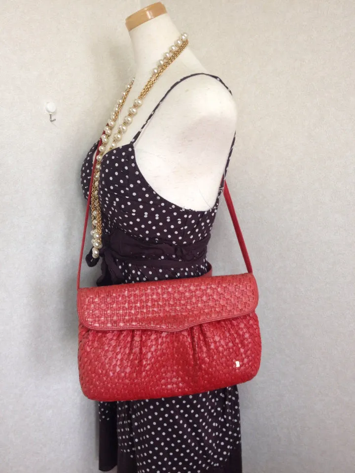 Vintage Bally red intrecciato leather handbag purse, shoulder bag with gold tone B logo. Masterpiece