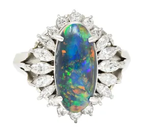 Vintage Black Opal Cabochon Marquise Cut Diamond Platinum Cluster Ring