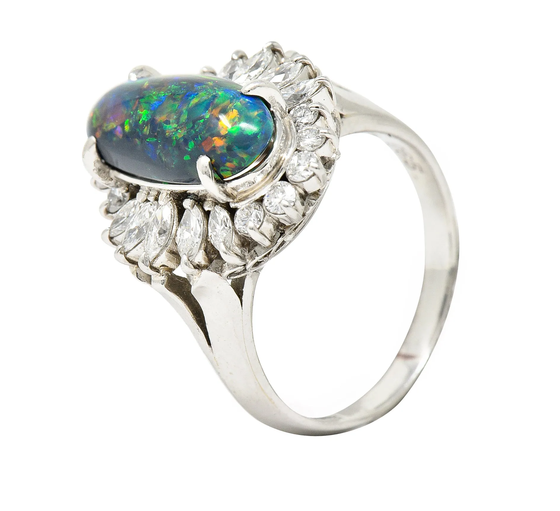 Vintage Black Opal Cabochon Marquise Cut Diamond Platinum Cluster Ring
