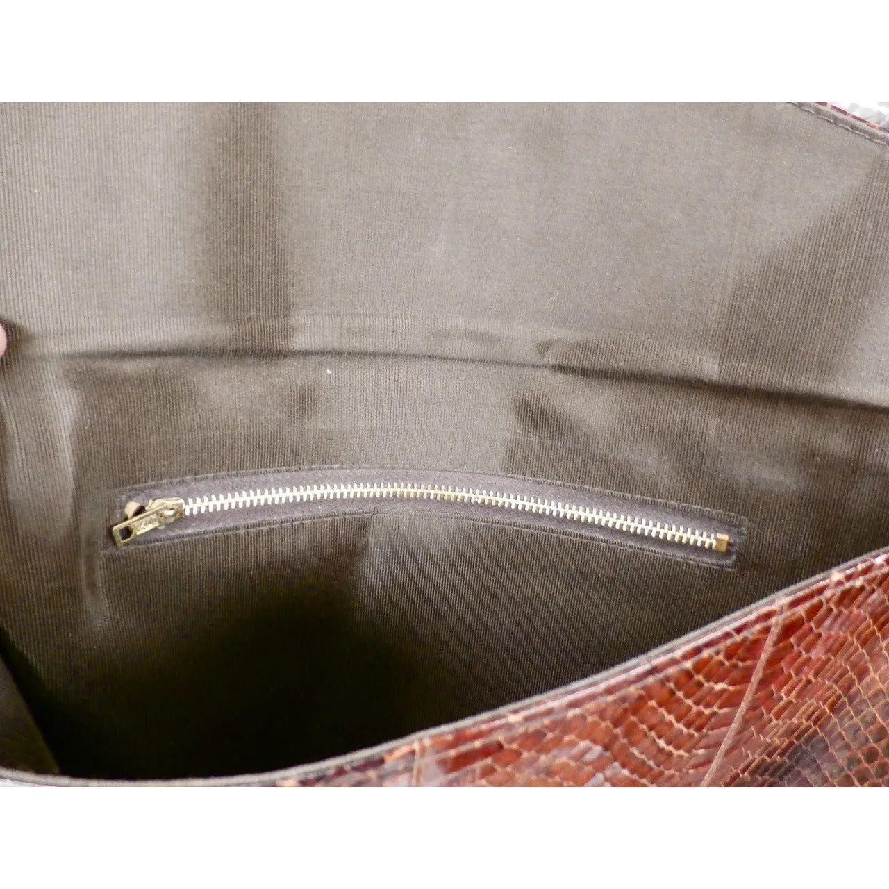 Vintage Brown Snakeskin Clutch Handbag Purse 1940s 8 x 12