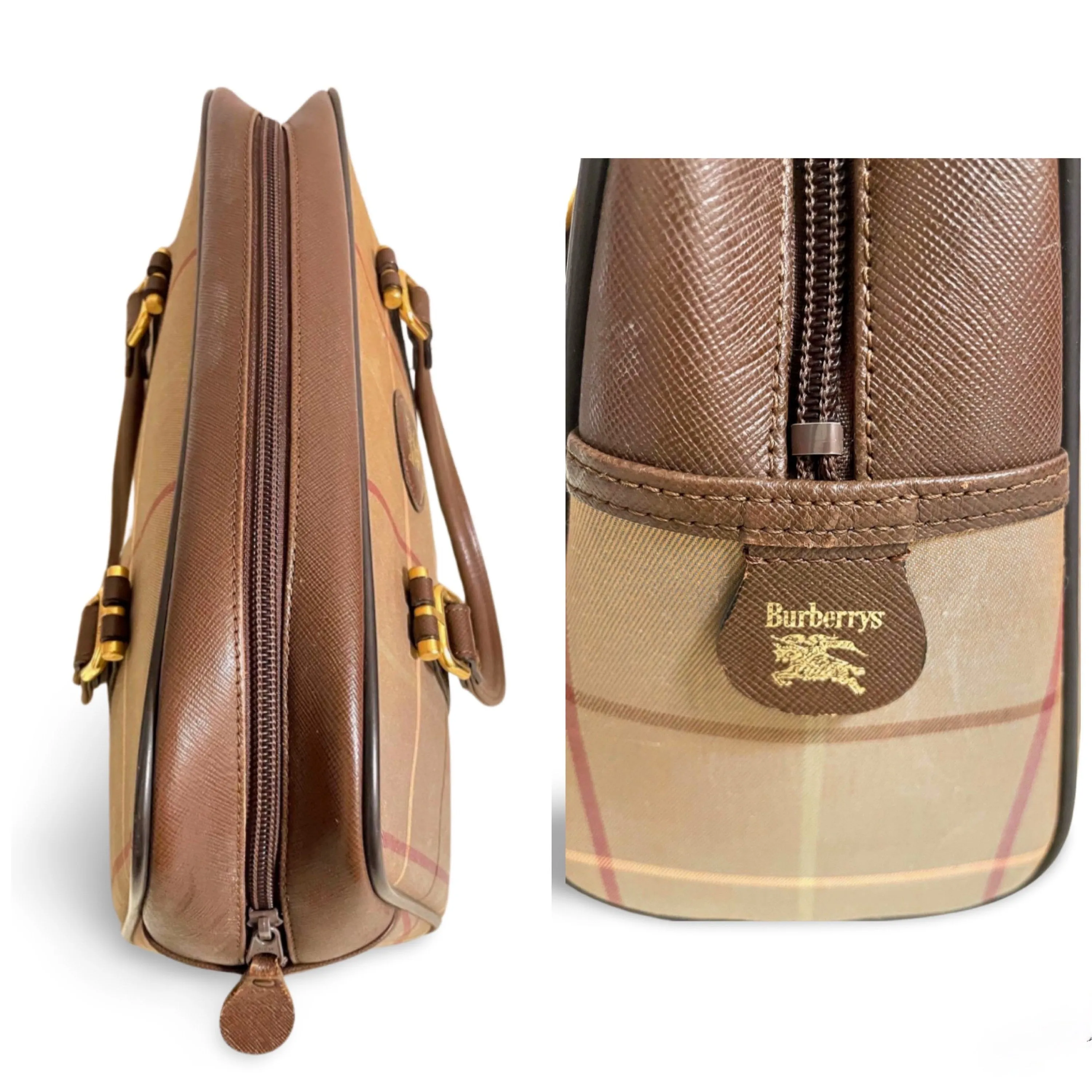 Vintage Burberry classic khaki nova check speedy bag style handbag, duffle bag with brown leather trimmings. Classic handbag. 060312ac2