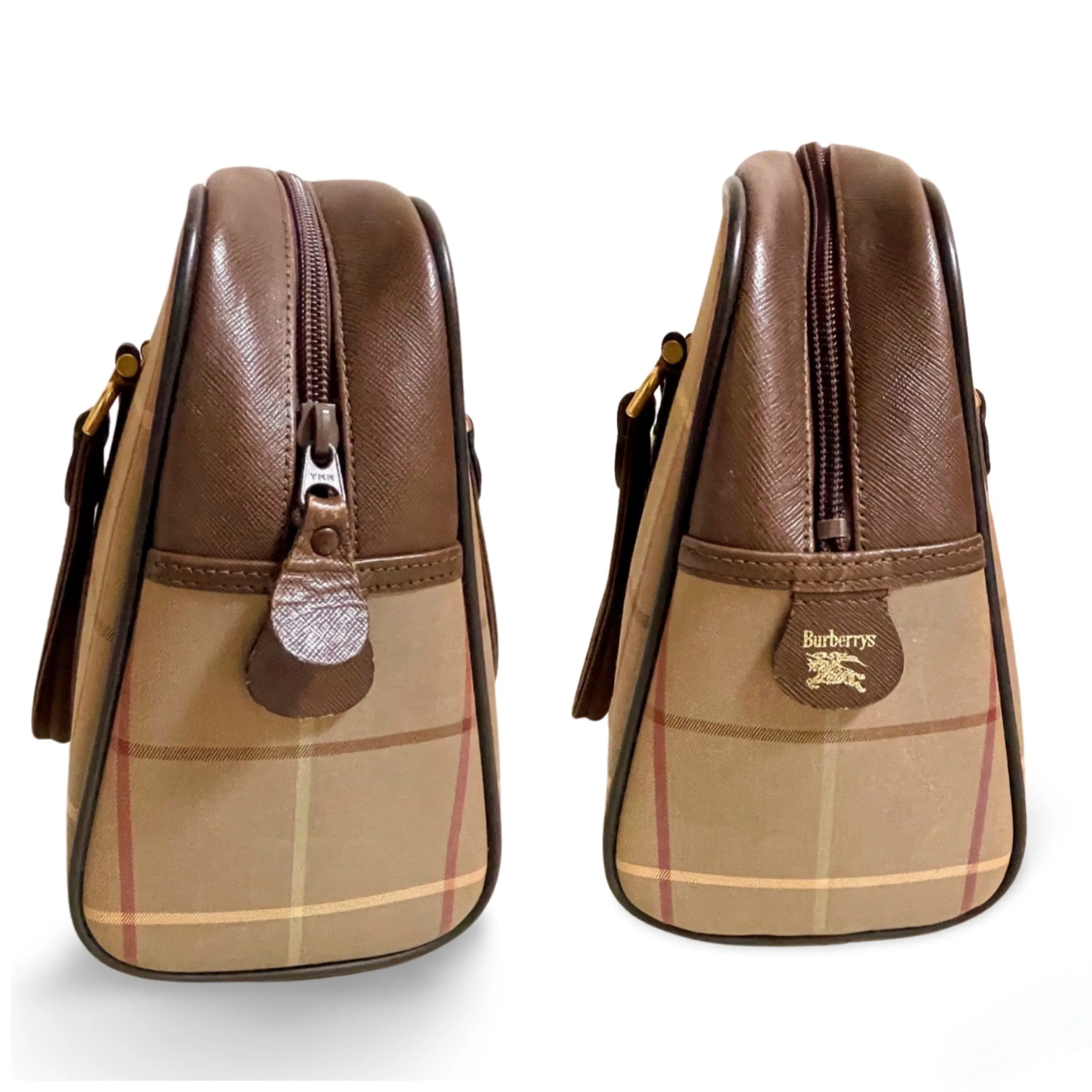 Vintage Burberry classic khaki nova check speedy bag style handbag, duffle bag with brown leather trimmings. Classic handbag. 060312ac2