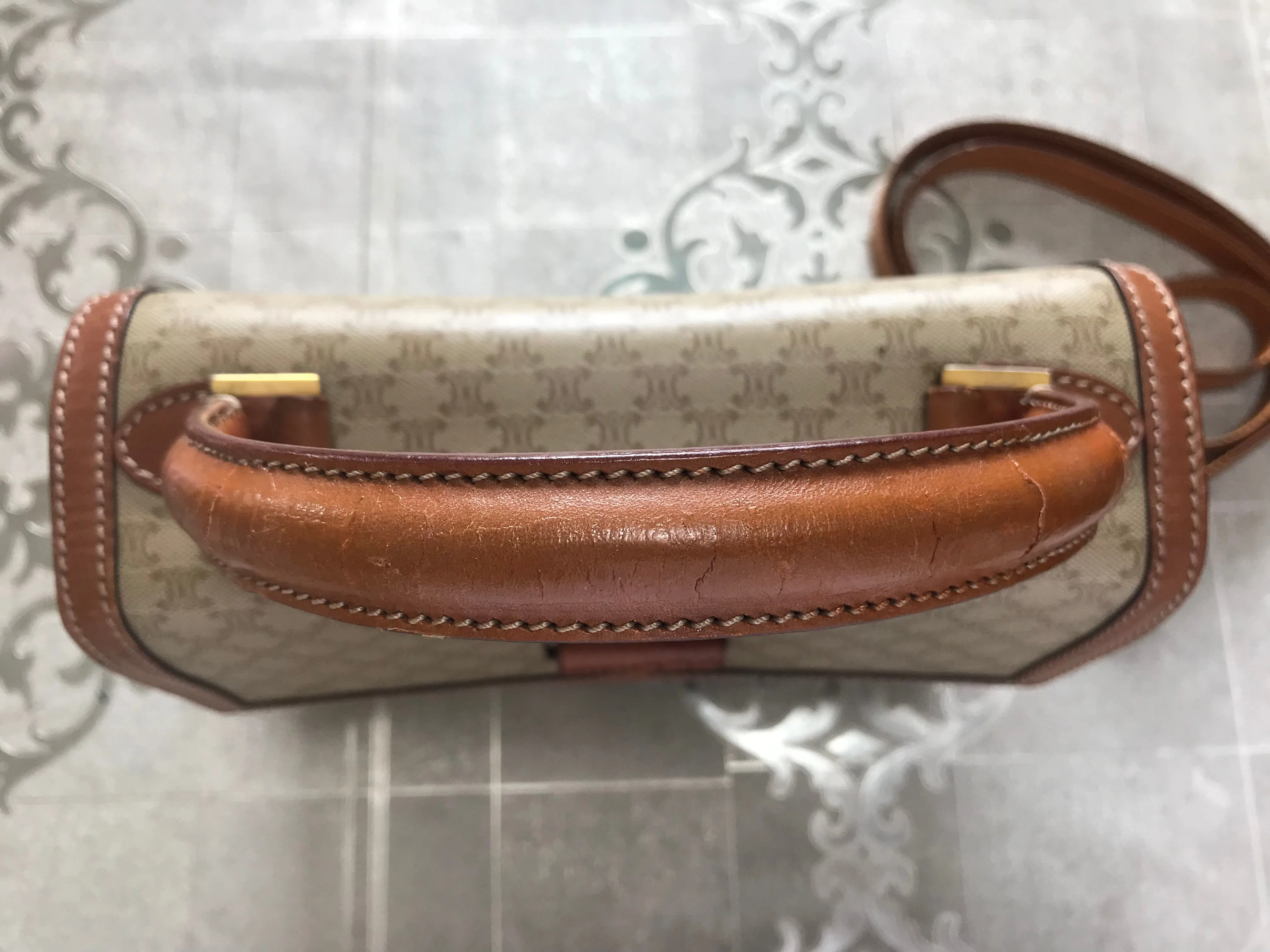 Vintage Celine beige macadam blaison handbag with brown leather trimming. Classic purse. Shoulder bag.