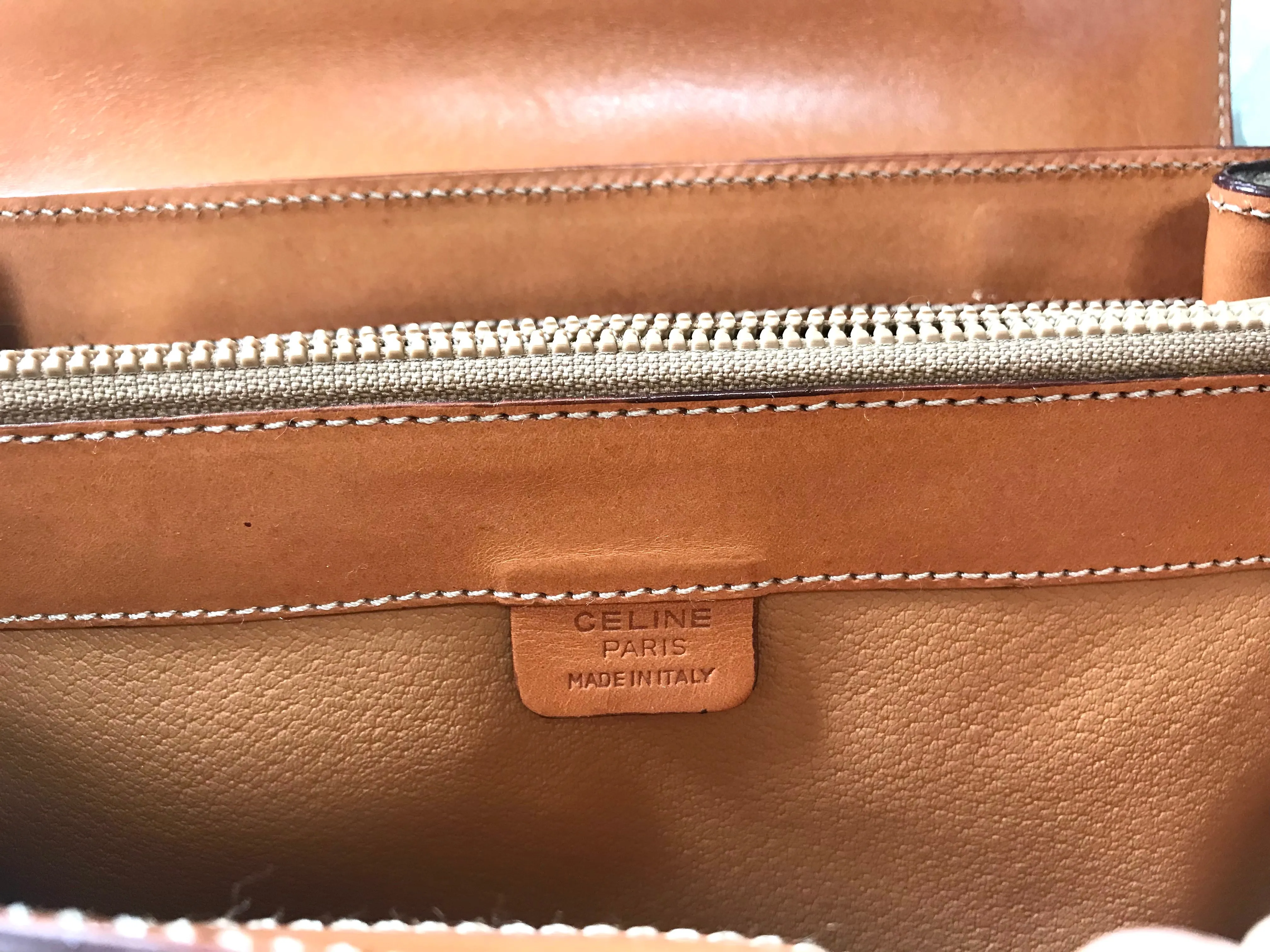 Vintage Celine beige macadam blaison handbag with brown leather trimming. Classic purse. Shoulder bag.