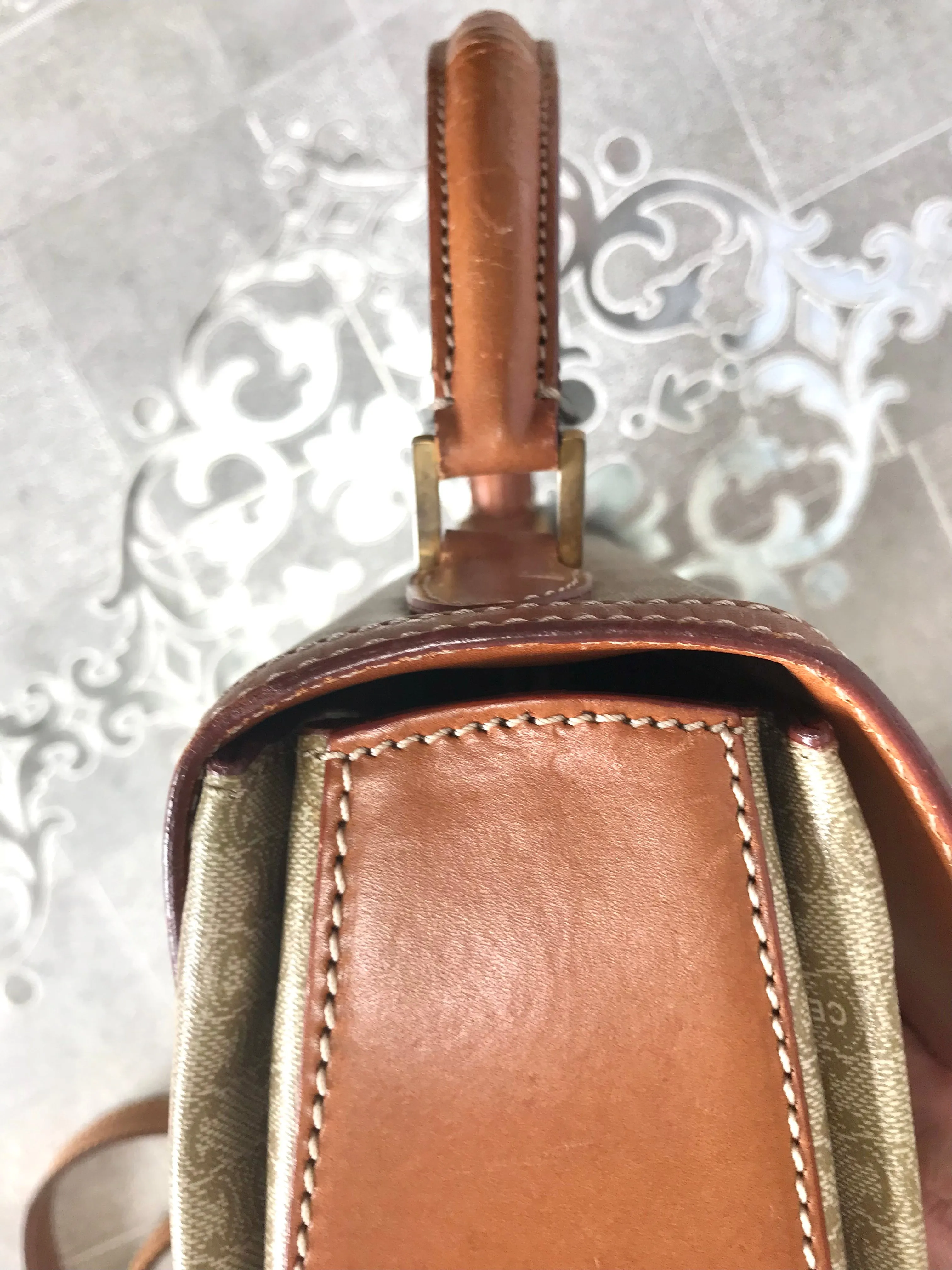 Vintage Celine beige macadam blaison handbag with brown leather trimming. Classic purse. Shoulder bag.