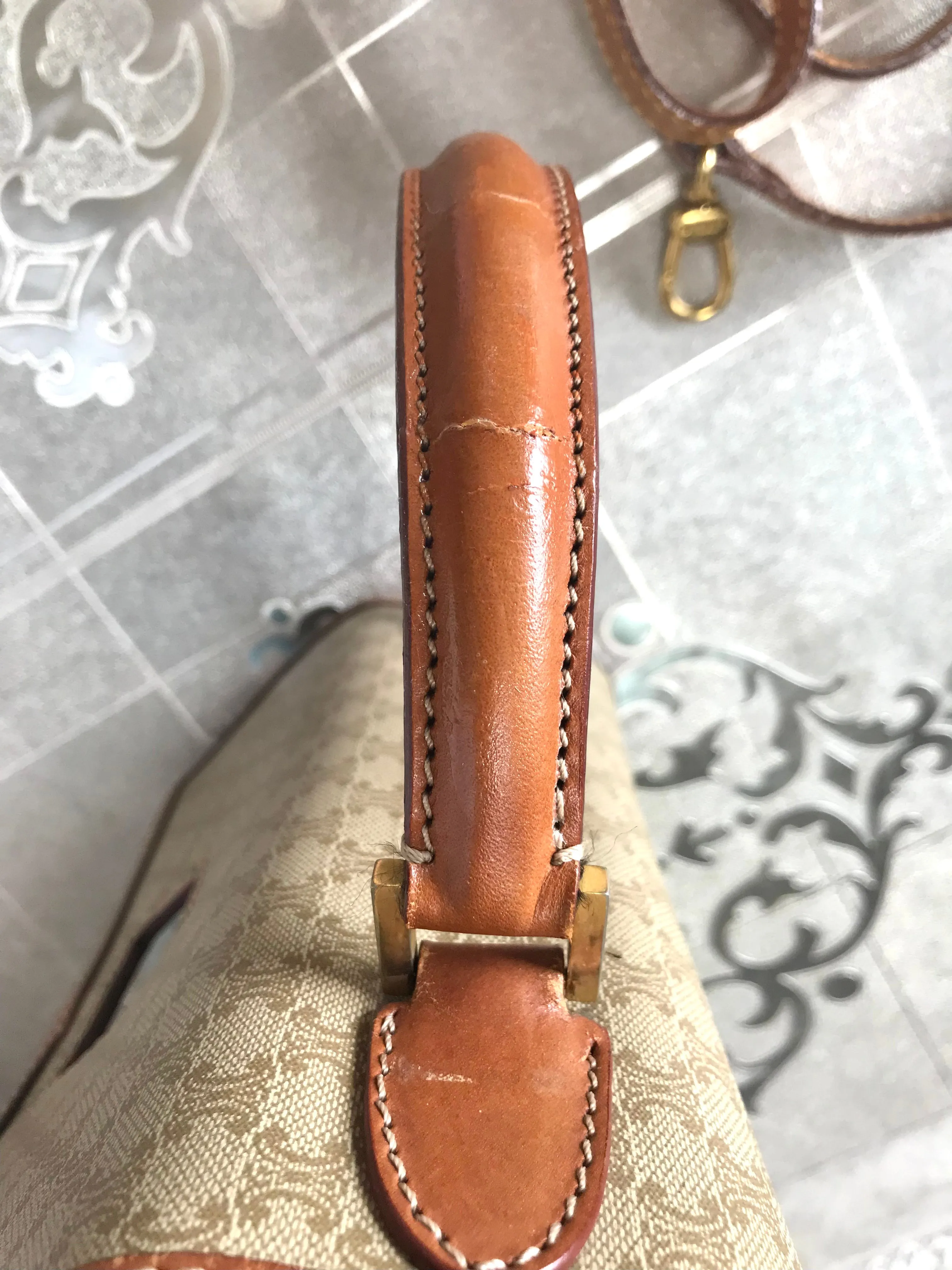 Vintage Celine beige macadam blaison handbag with brown leather trimming. Classic purse. Shoulder bag.